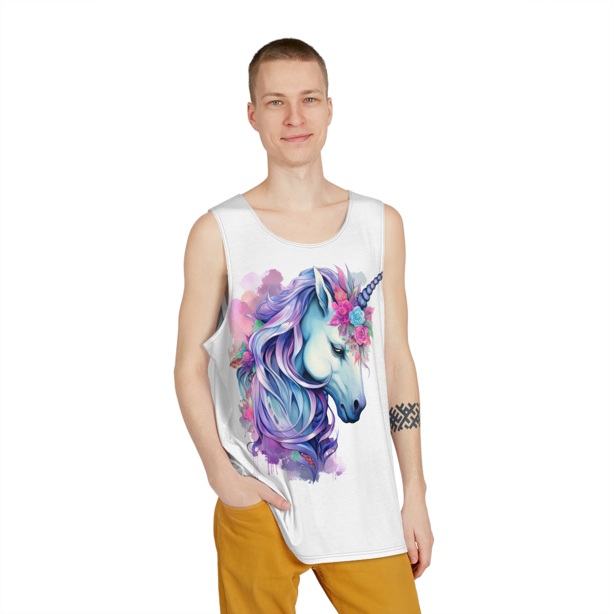 Watercolor Fantasy Unicorn Clip Art Mens Tank Aop - Image 3