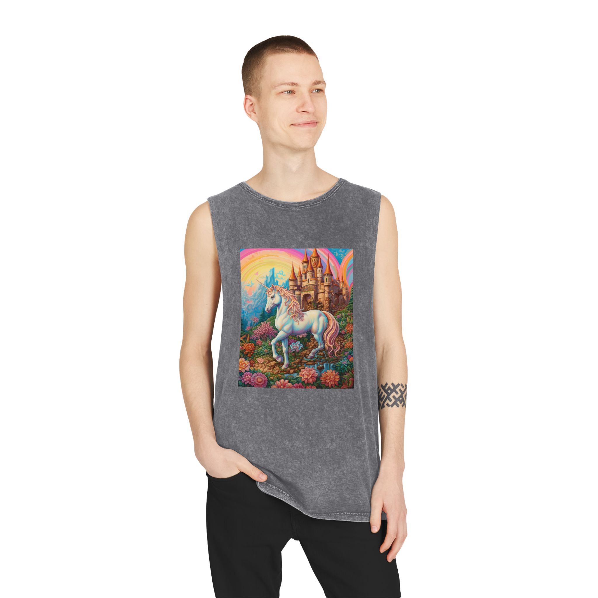 Painting Unicorn Fantasy Setting With Castle Background Generative Ai Copy Unisex Stonewash Tank Top - Image 11