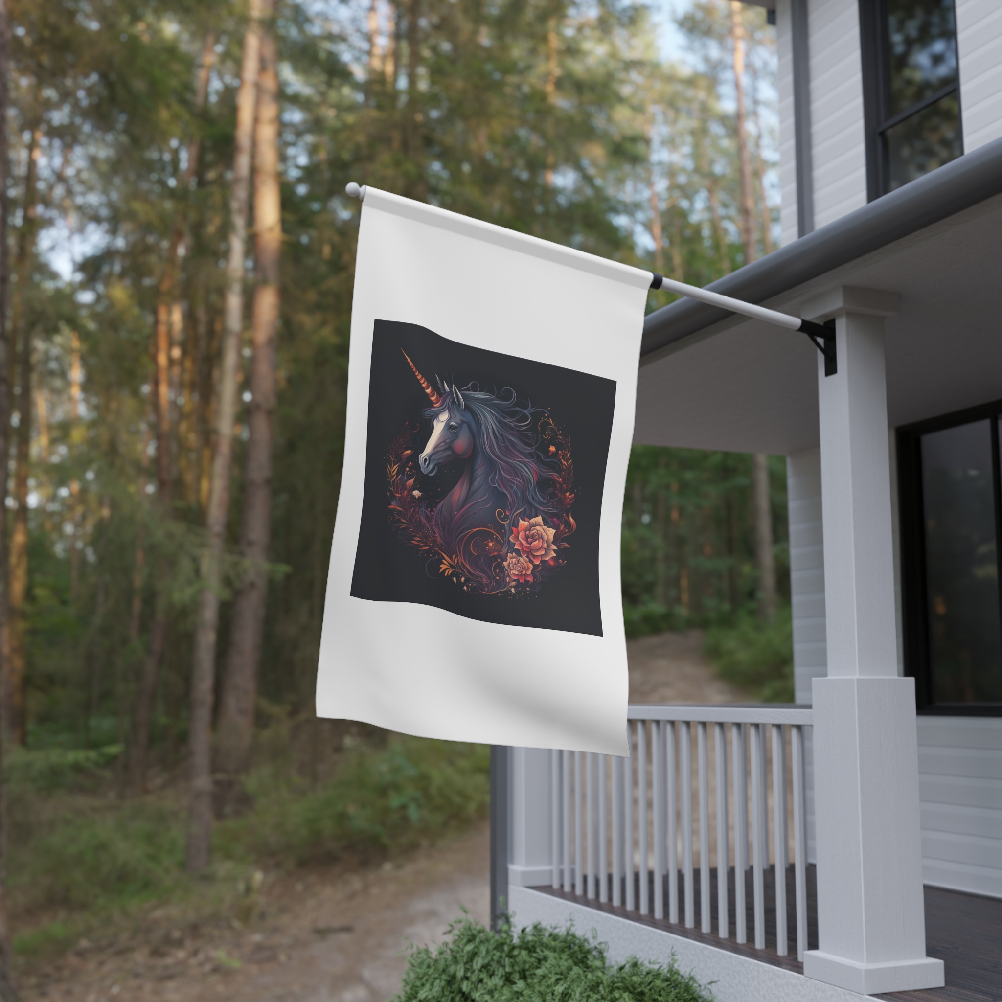 Unicorn With Long Mane Flowers Dark Background Generative Ai House Banner - Image 4