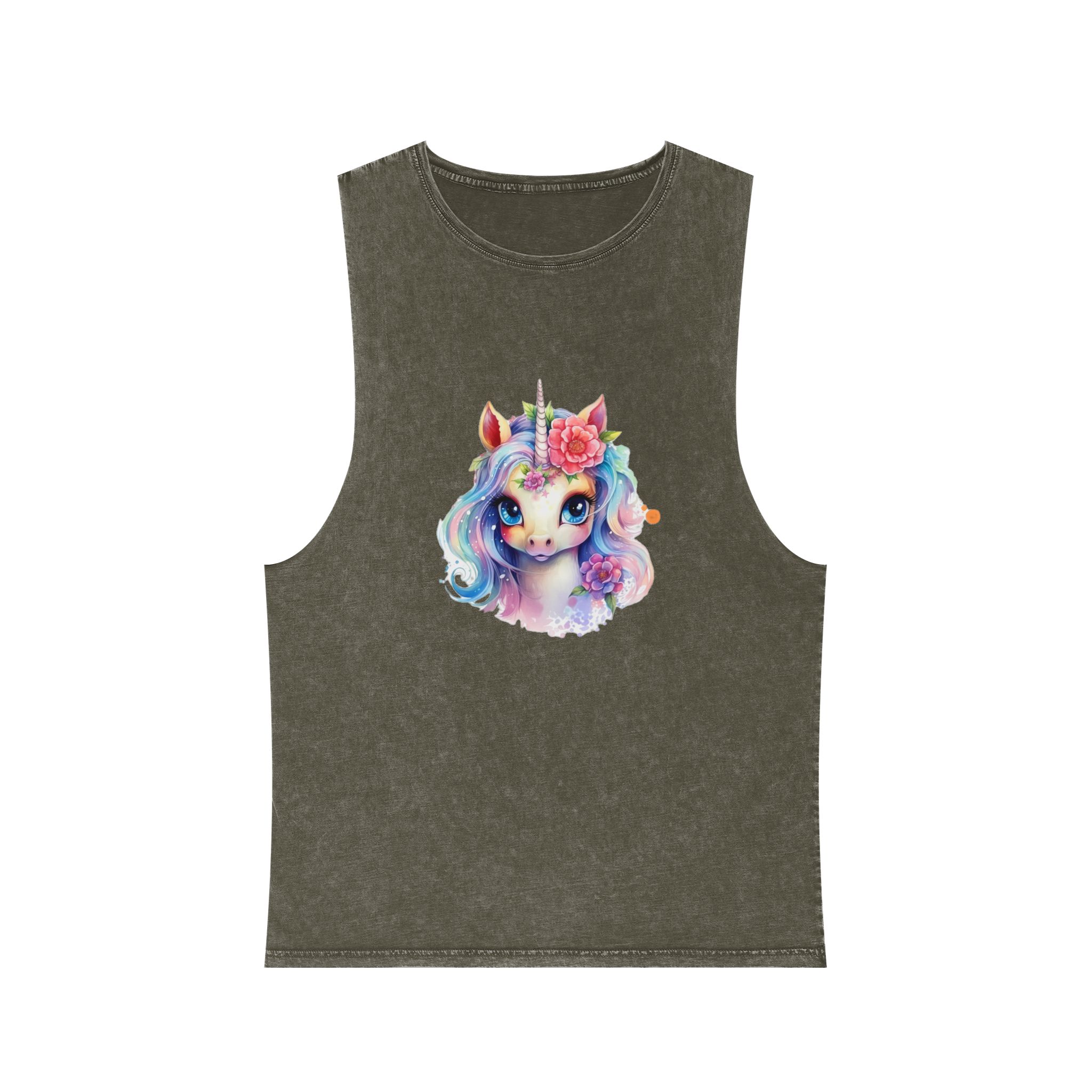 Cute Colorful Magic Unicorn With Flowers Watercolor Style (8) Unisex Stonewash Tank Top - Image 5