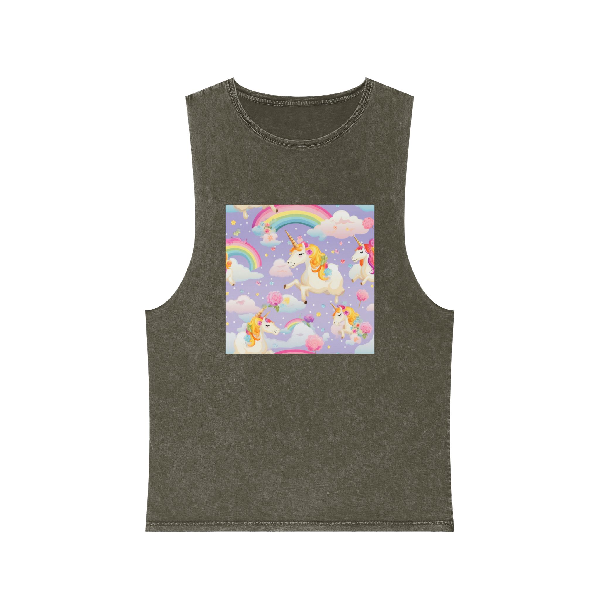 Playful Unicorns Among Flowers Clouds Rainbows Ice Creams Pastel Background (5) Unisex Stonewash Tank Top - Image 5