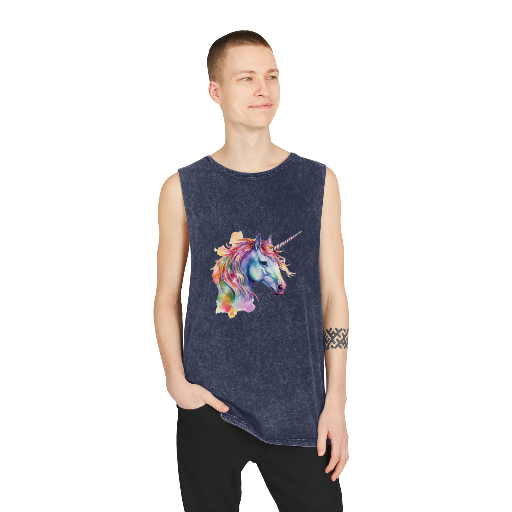 Unicorn Portrait Watercolor Illustration Rainbow Animal Watercolor Character Isolated White Unisex Stonewash Tank Top - Image 15