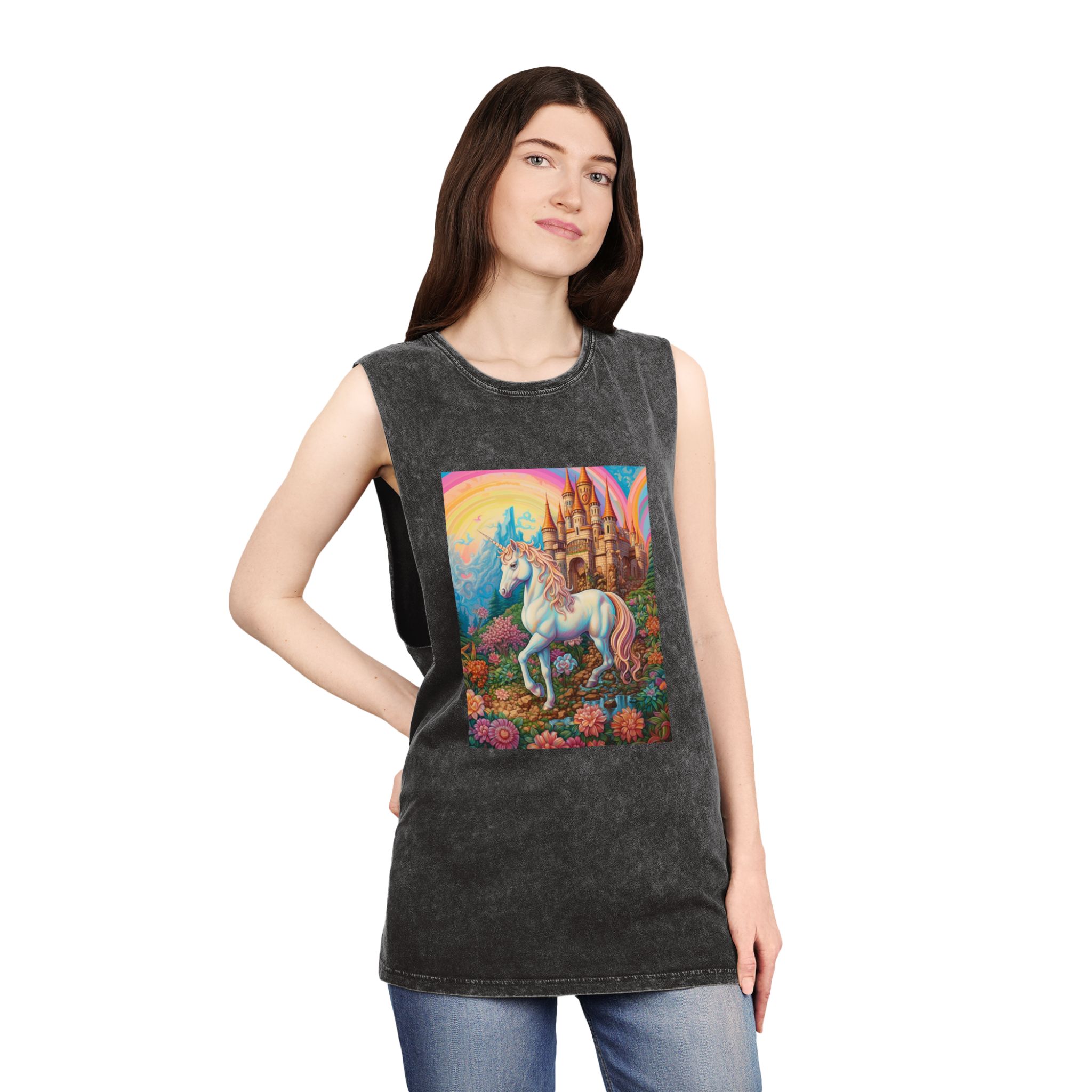 Painting Unicorn Fantasy Setting With Castle Background Generative Ai Copy Unisex Stonewash Tank Top - Image 4