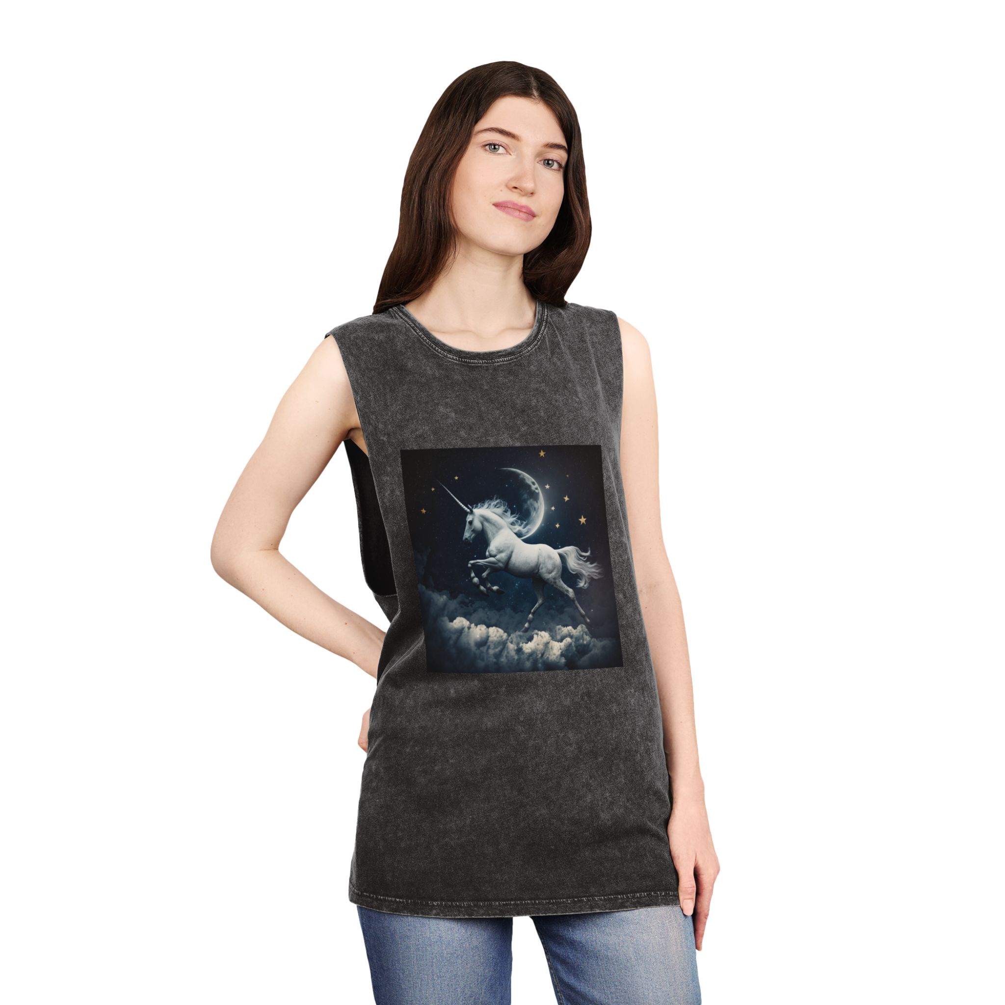 Unicorn Clouds With Full Moon Background Generative Ai Unisex Stonewash Tank Top - Image 4