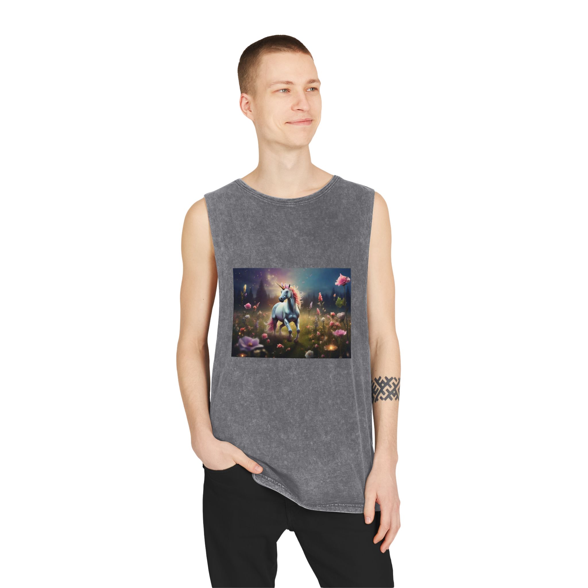 Beautiful Unicorn Running Magical Meadow Unicorn Background Images Whimsical Unicorn (20) Unisex Stonewash Tank Top - Image 11