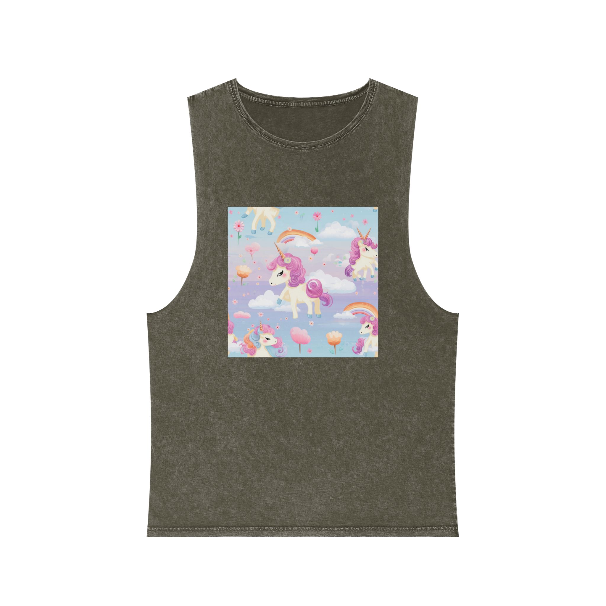 Playful Unicorns Flowers Clouds Rainbows Ice Creams Pastel Background (5) Unisex Stonewash Tank Top - Image 5