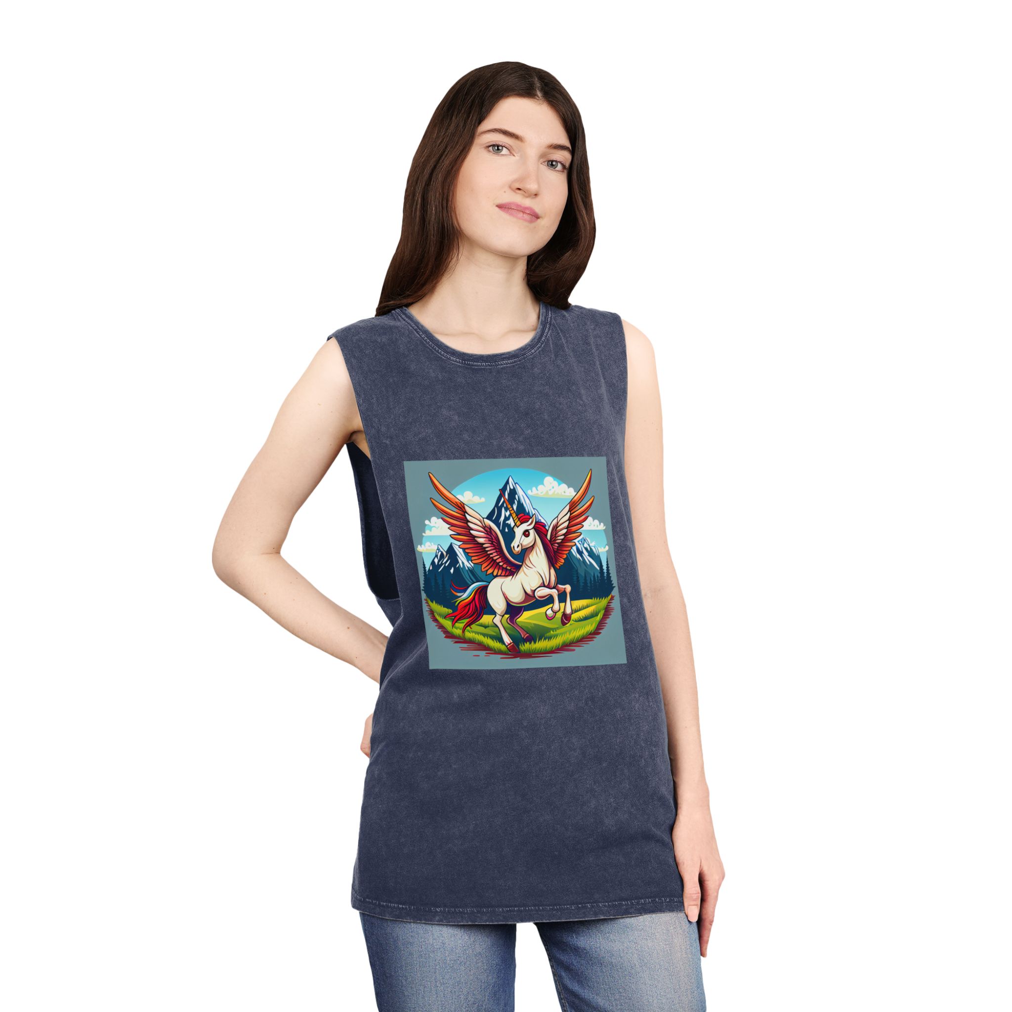 Cartoon Unicorn With Rainbow Wings Top Mountain Background Generative Ai Unisex Stonewash Tank Top - Image 16