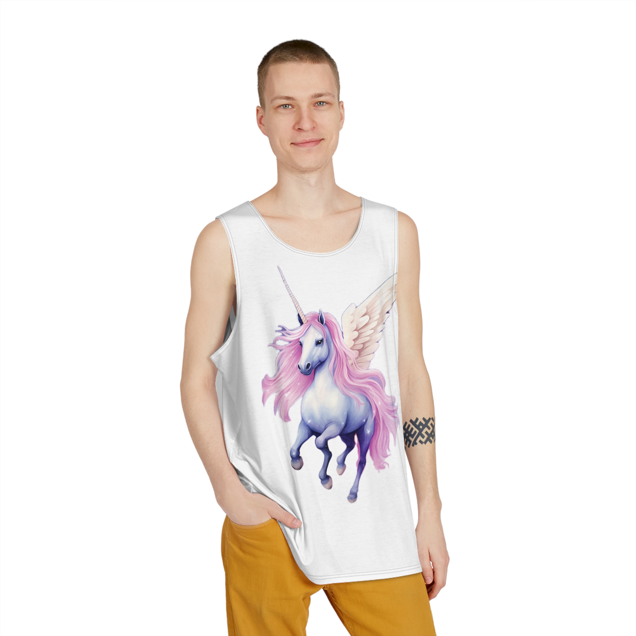 Unicorn With Pink Mane Wings Flying Field Flowers Generative Ai Mens Tank Aop - Image 3