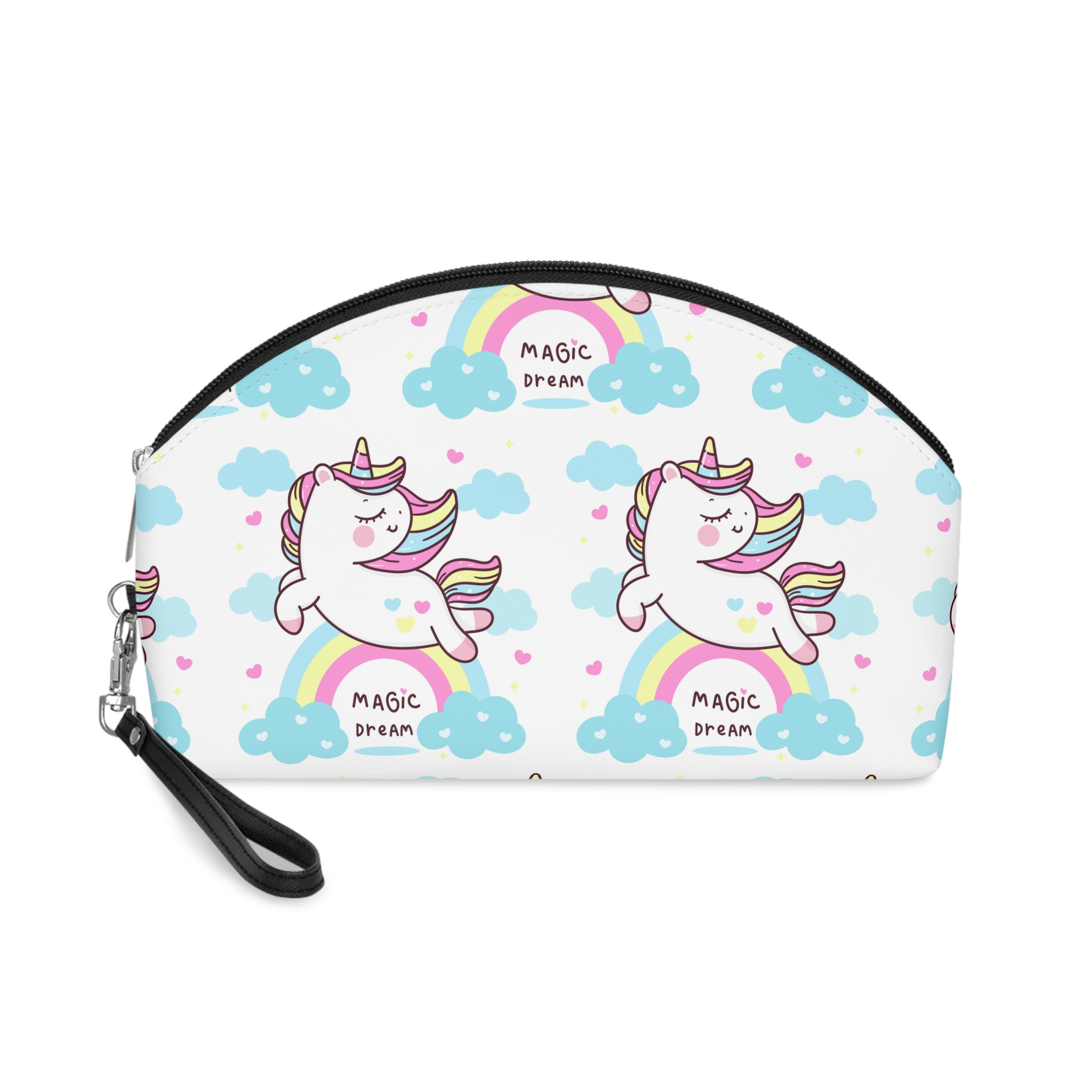 Cute Unicorn Pegasus Vector Fly On Sky With Rainbow Sweet Heart and Cloud Pony Cartoon Pastel Background Valentines Day (còpia) Makeup Bag