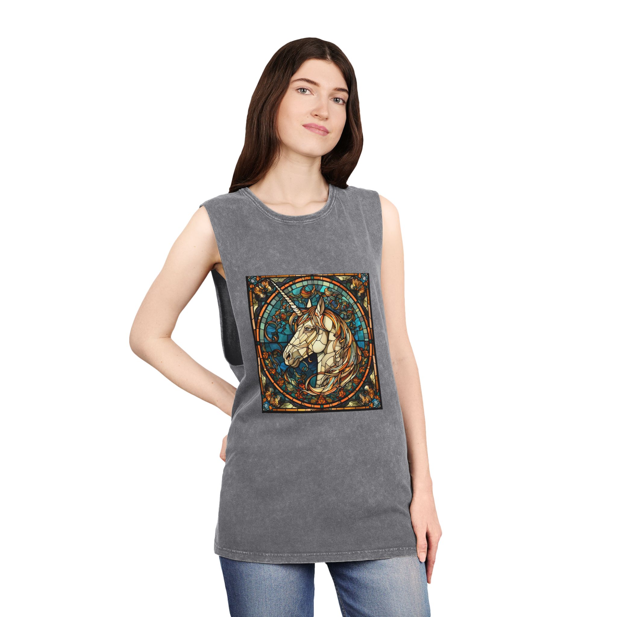 Stained Glass Unicorn Fantasy Unisex Stonewash Tank Top - Image 12
