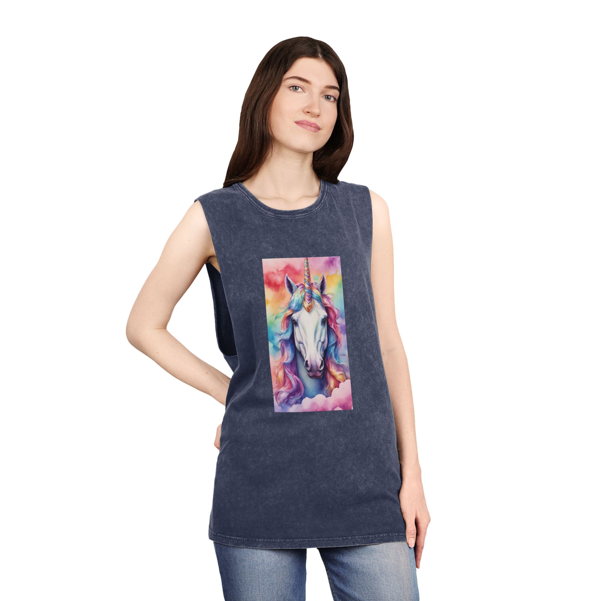 Rainbow Pastel Unicorn Candy Watercolor Background Social Media Template Etc Unisex Stonewash Tank Top - Image 16