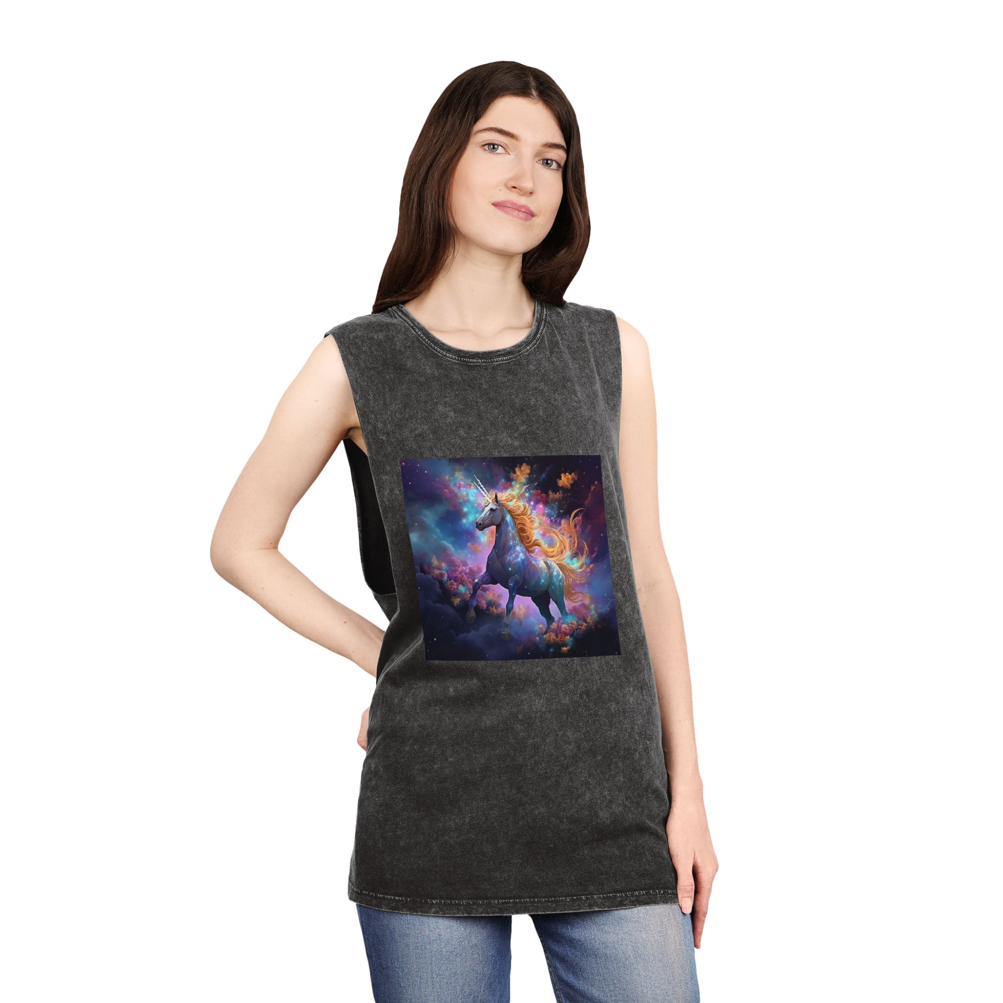 Unicorn Clouds With Rainbow Mane Star Field Generative Ai Unisex Stonewash Tank Top - Image 4