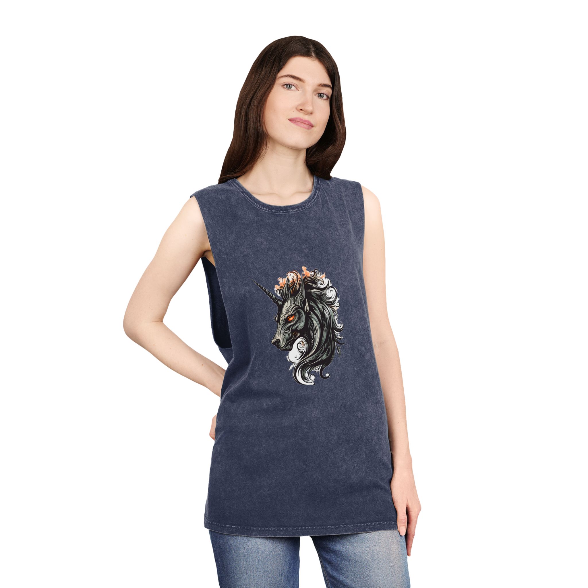 Unicorn Head Tshirt Tattoo Design Dark Art Illustration Isolated White Unisex Stonewash Tank Top - Image 16