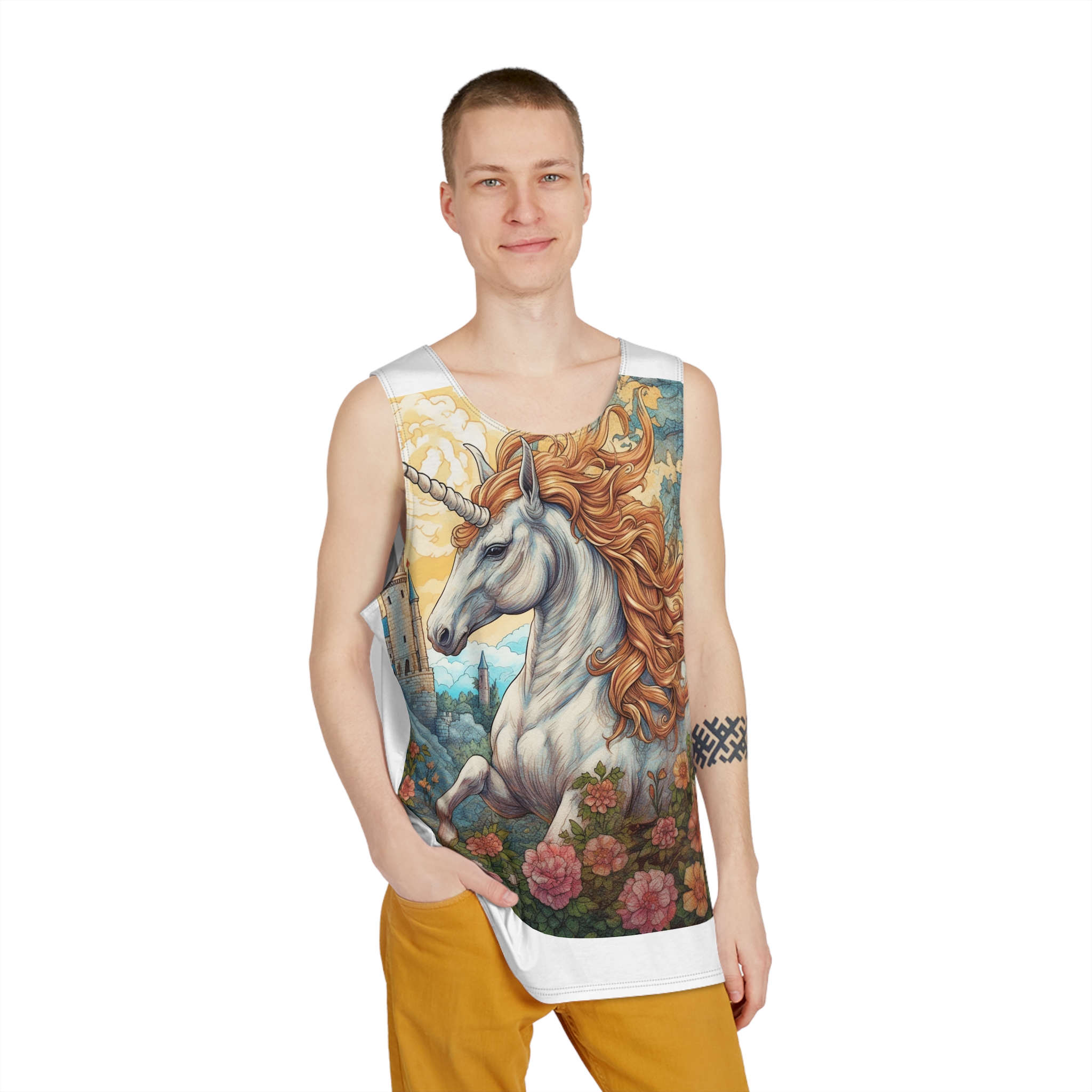 Painting Unicorn With Long Mane Castle Background Generative Ai Mens Tank Aop - Image 3