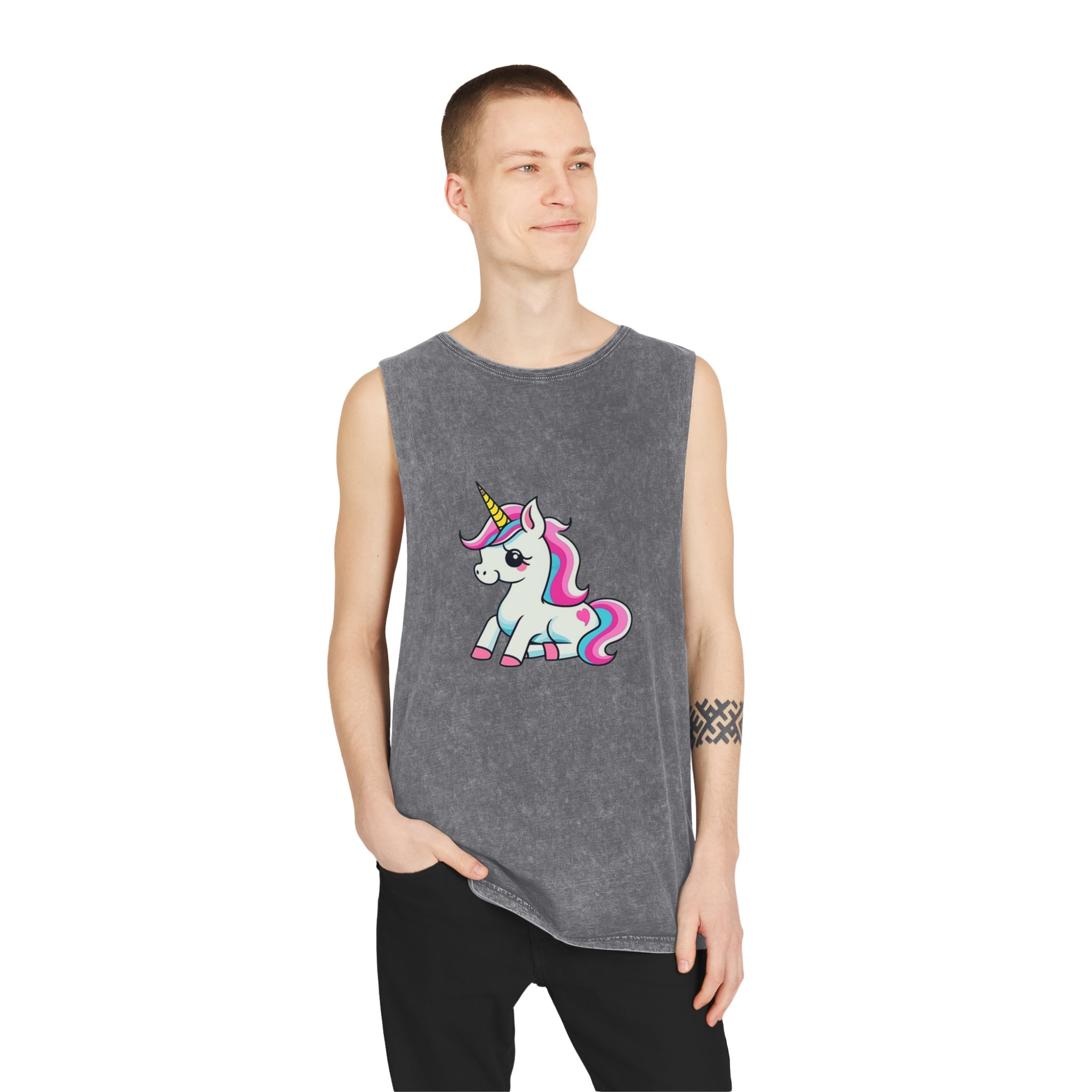 Cartoon Unicorn With Pink Mane Stars Blue Background Generative Ai Unisex Stonewash Tank Top - Image 11