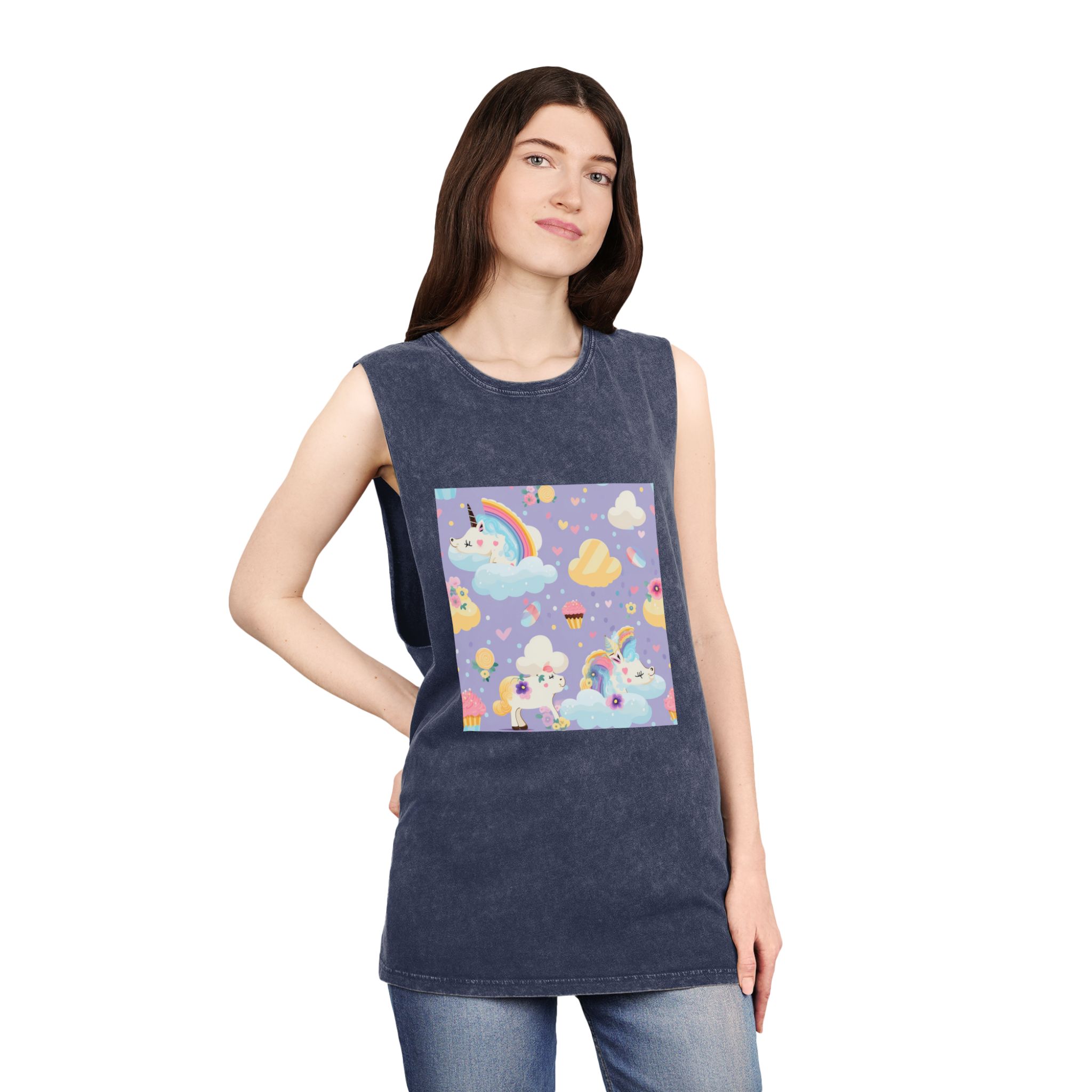 Playful Unicorns Among Flowers Clouds Rainbows Ice Creams Pastel Background (4) Unisex Stonewash Tank Top - Image 16