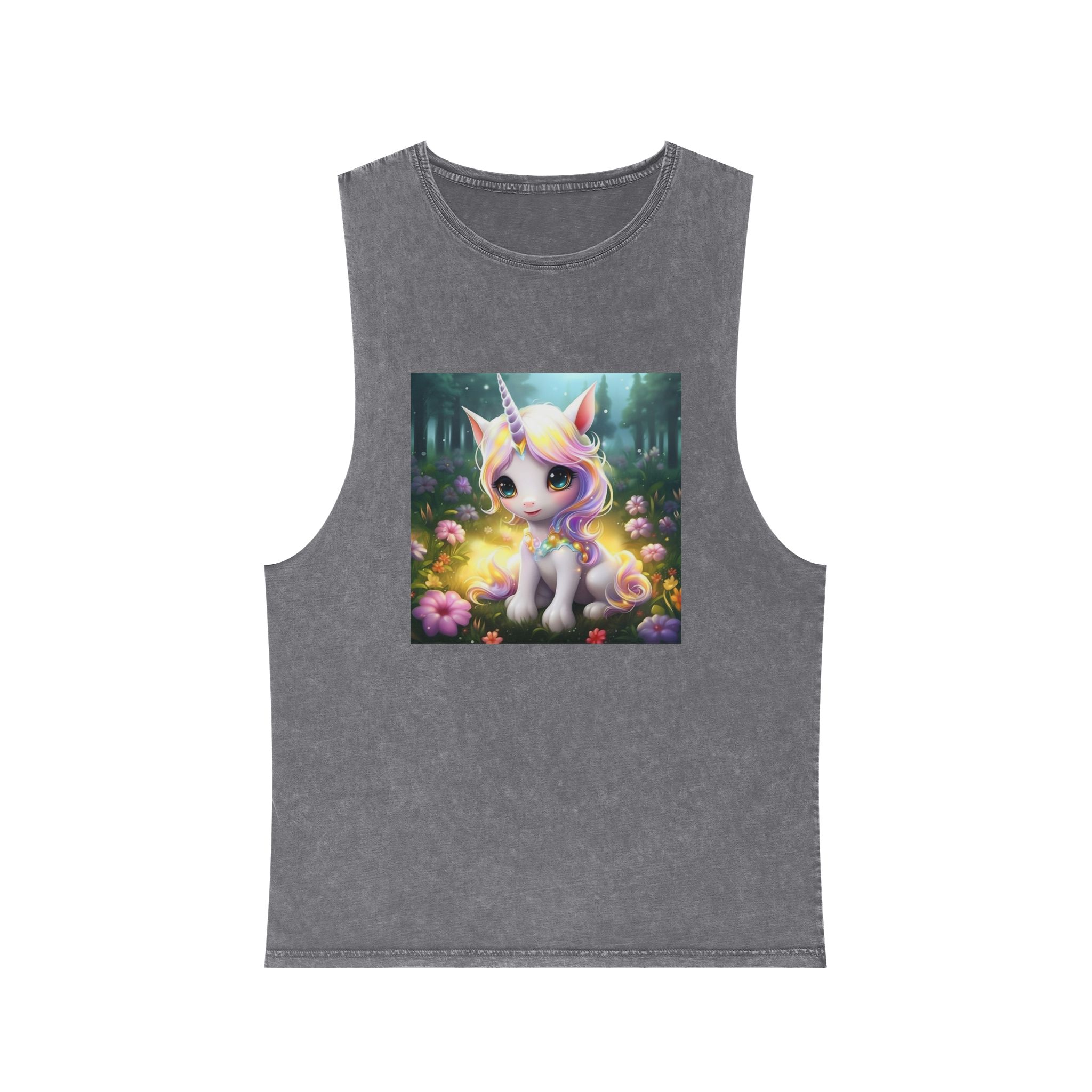 Unicorn Sitting Grass With Flowers Trees Background Generative Ai Unisex Stonewash Tank Top - Image 9