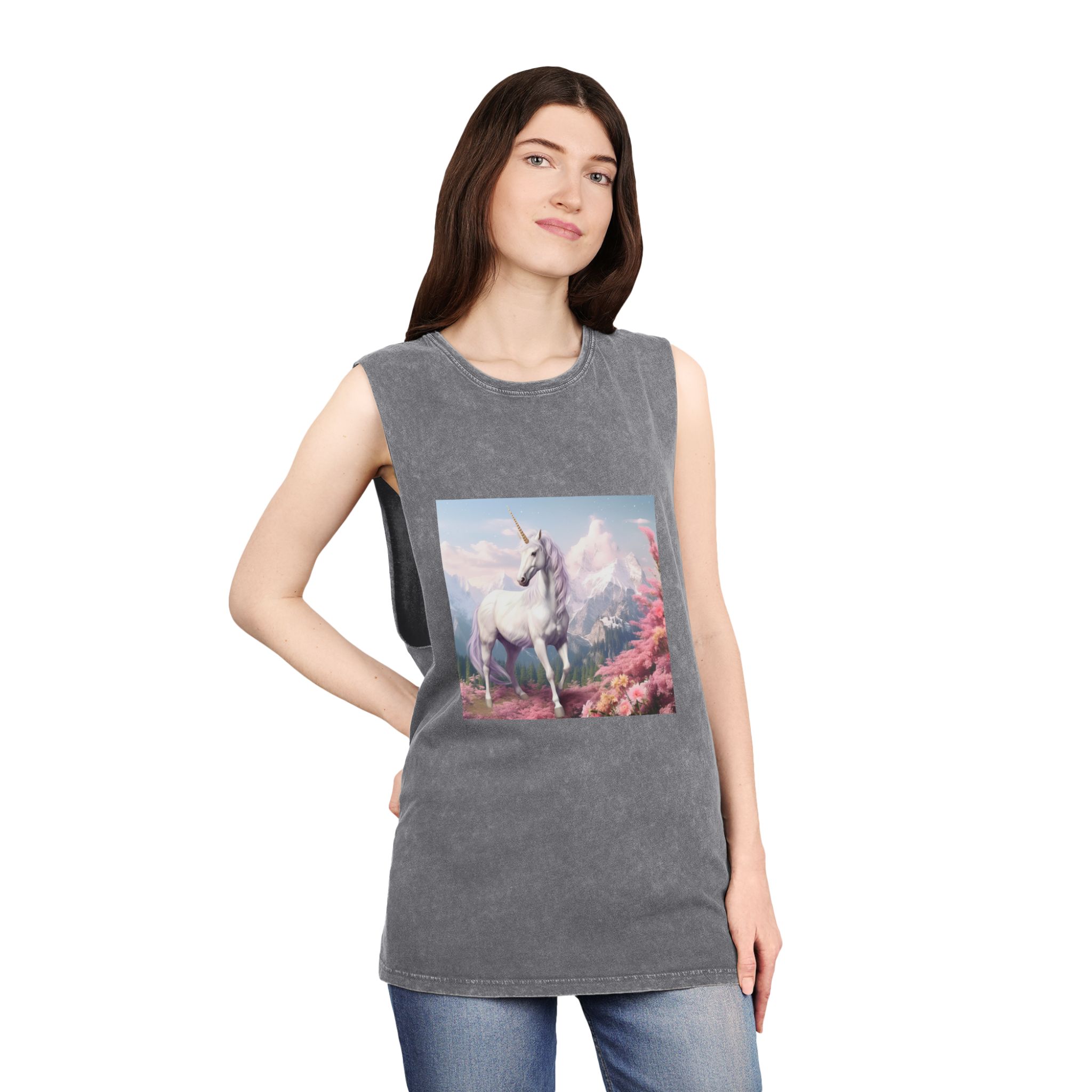 Unicorn Standing Field Flowers With Mountains Background Generative Ai Unisex Stonewash Tank Top - Image 12