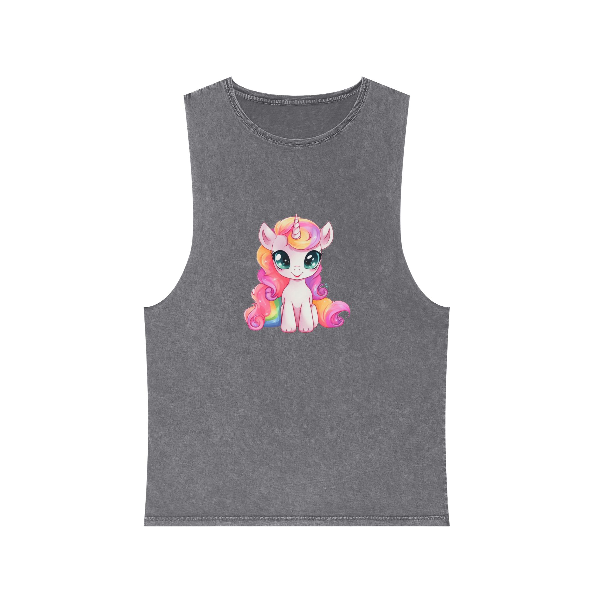 Cartoon Unicorn With Pink Hair Rainbow Mane Sitting Ground Generative Ai Unisex Stonewash Tank Top - Image 9