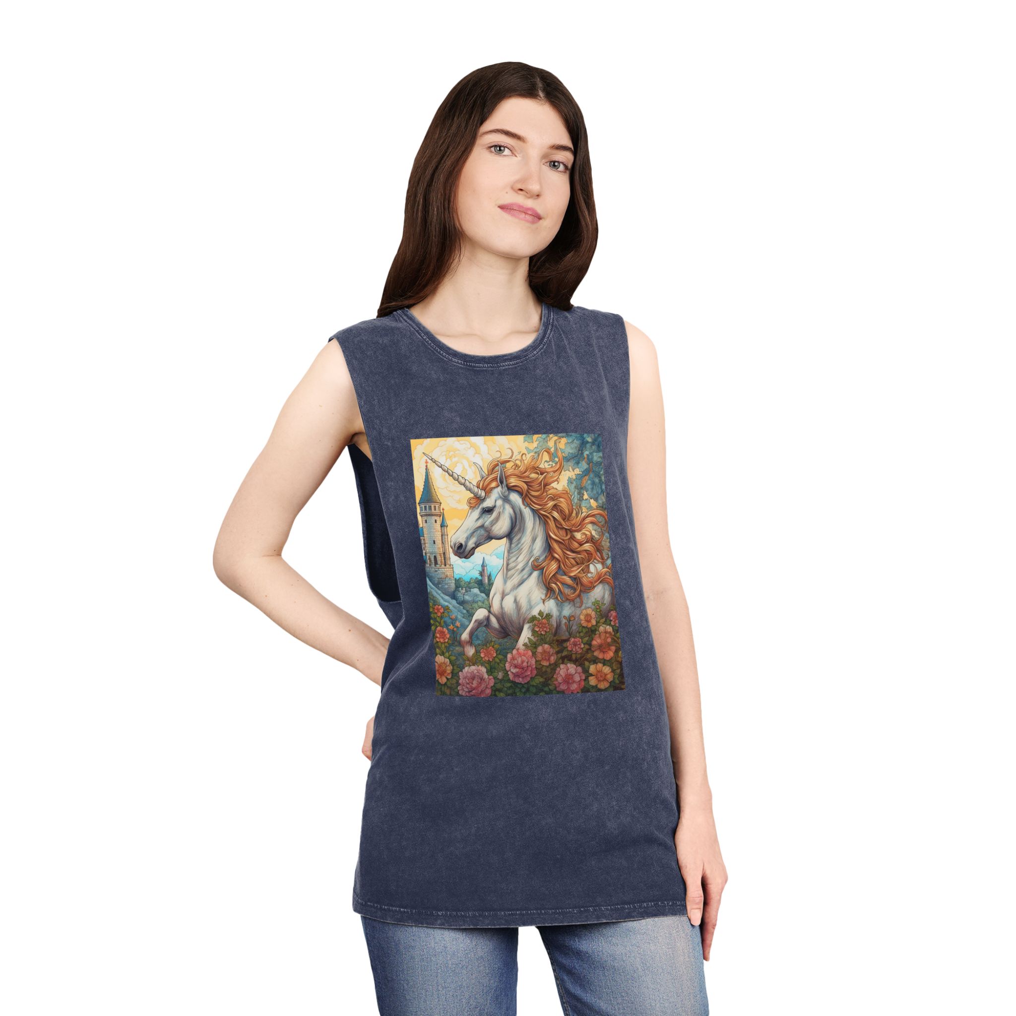 Painting Unicorn With Long Mane Castle Background Generative Ai Unisex Stonewash Tank Top - Image 16