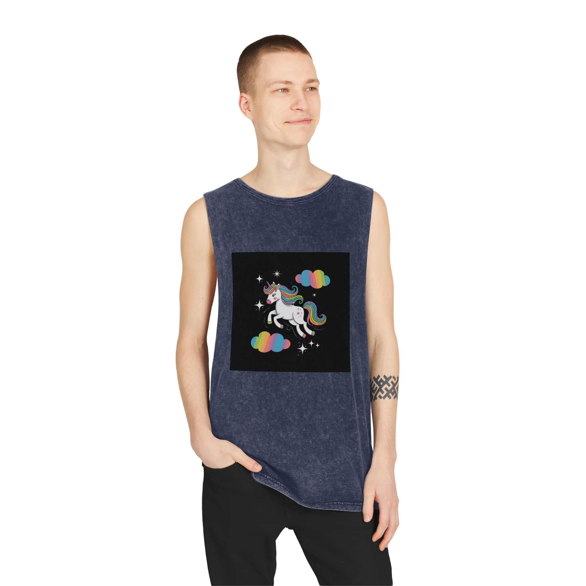 Rainbow With Rainbow It Words Unicorn Bottom Unisex Stonewash Tank Top - Image 15