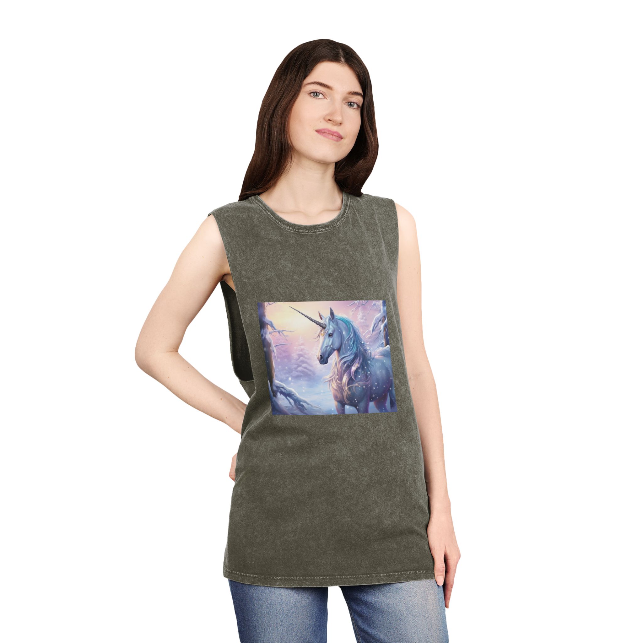 Unicorn Snow With Pink Sky Background Generative Ai Unisex Stonewash Tank Top - Image 8