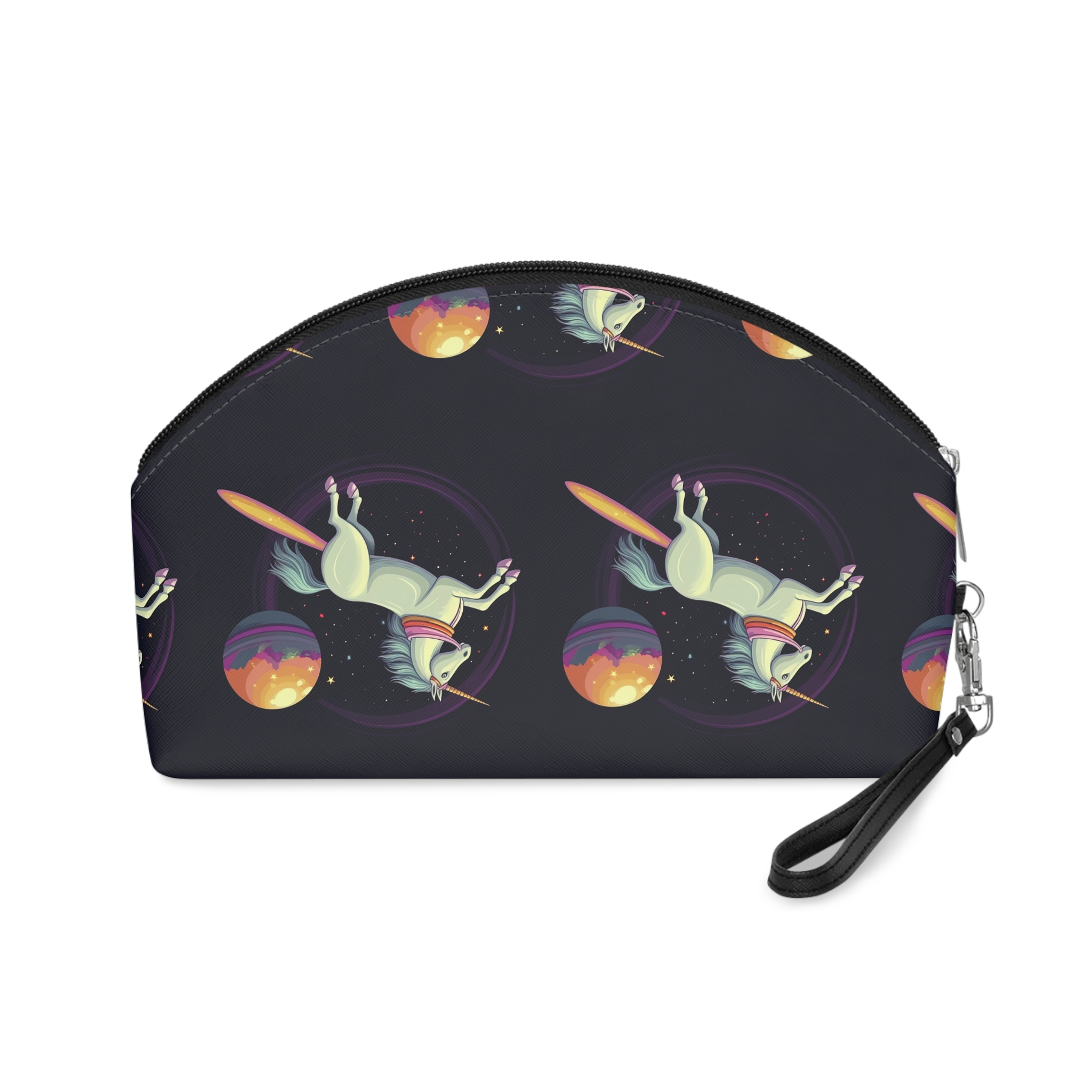 Unicorn With Long Tail Is Flying Through Circle With Moon Stars Makeup Bag - Image 2