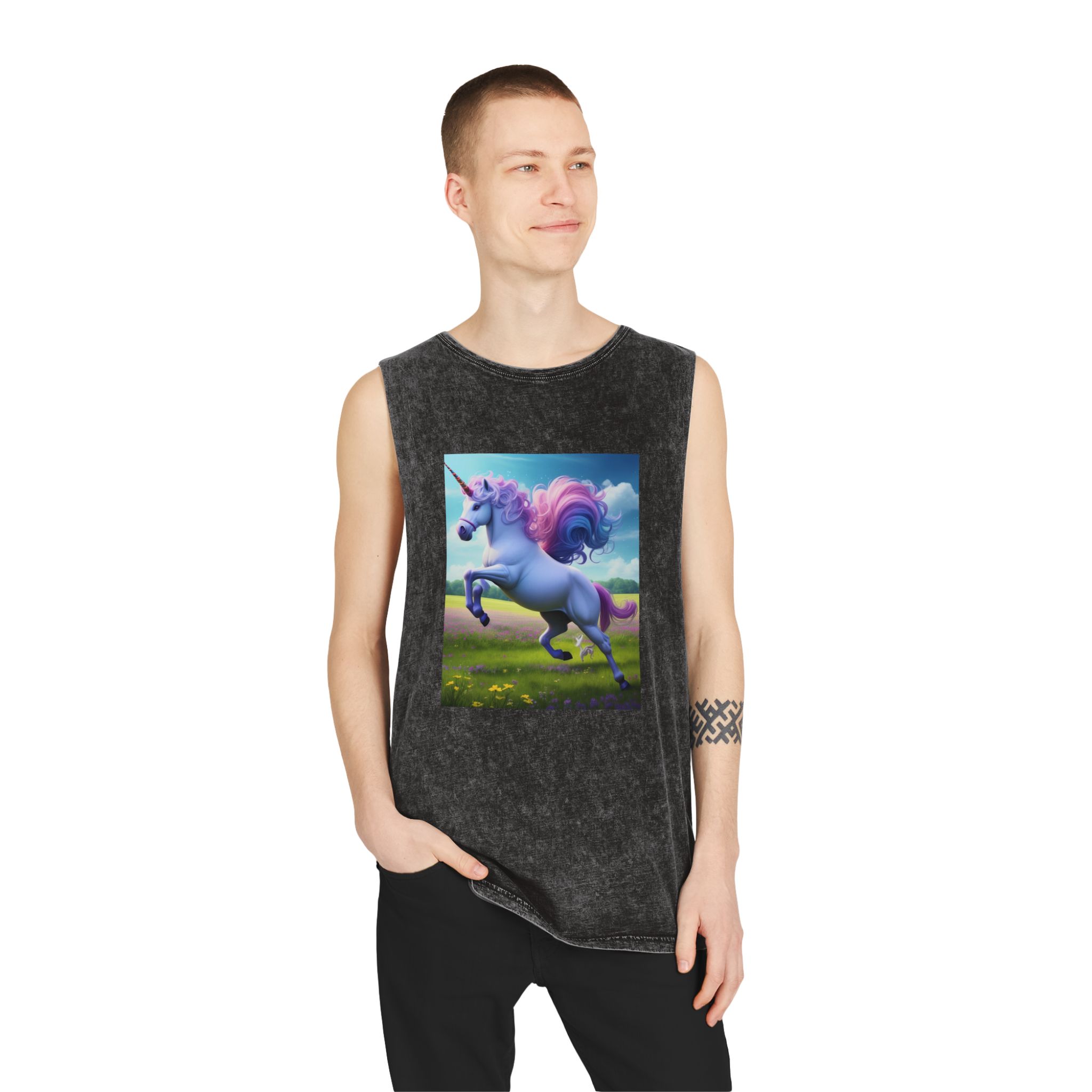 Beautiful Unicorn Running Magical Meadow Unicorn Background Images Whimsical Unicorn (26) Unisex Stonewash Tank Top - Image 3