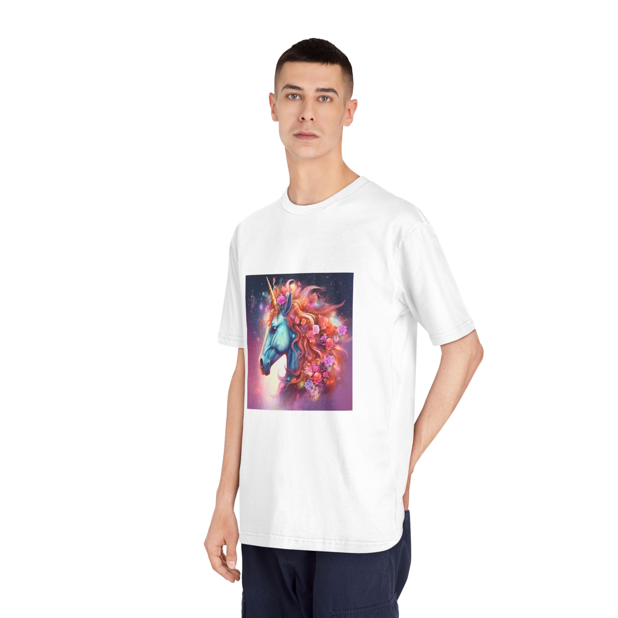 Unicorn With Flowers Its Mane Star Background Generative Ai Unisex Classic Crewneck T Shirt - Image 4