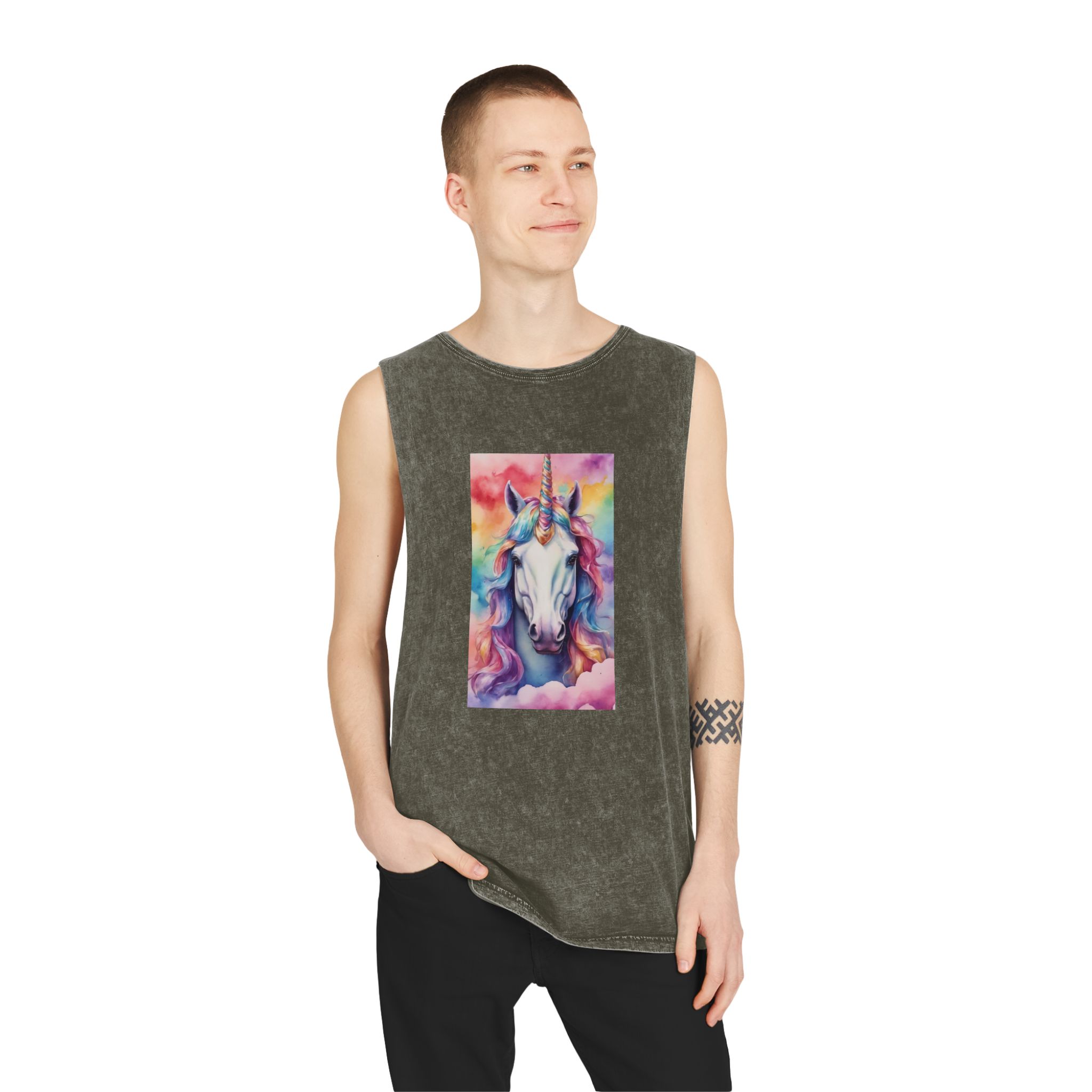Rainbow Pastel Unicorn Candy Watercolor Background Social Media Template Etc Unisex Stonewash Tank Top - Image 7