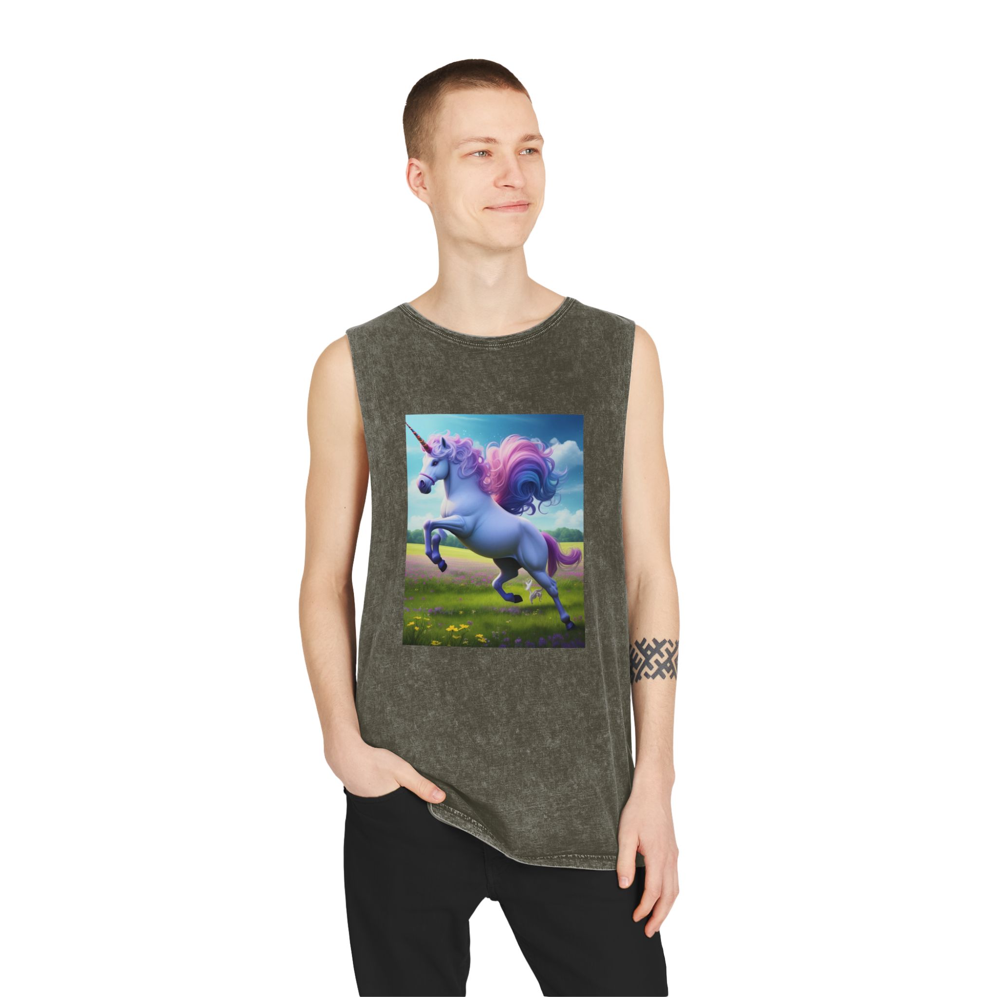 Beautiful Unicorn Running Magical Meadow Unicorn Background Images Whimsical Unicorn (26) Unisex Stonewash Tank Top - Image 7