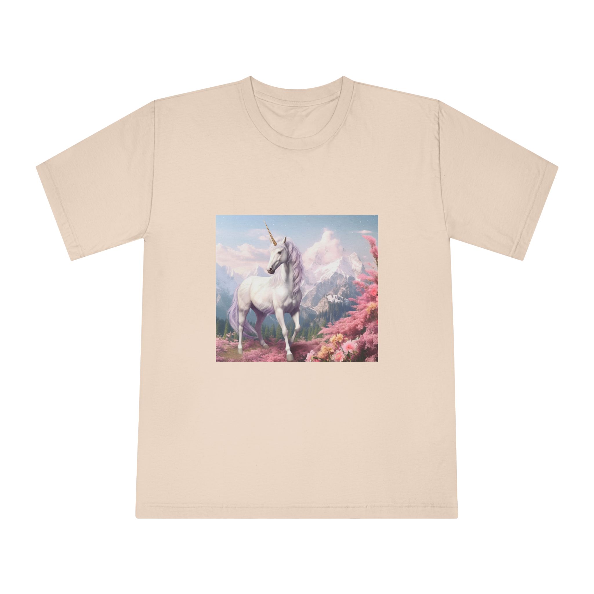Unicorn Standing Field Flowers With Mountains Background Generative Ai Unisex Classic Crewneck T Shirt - Image 9