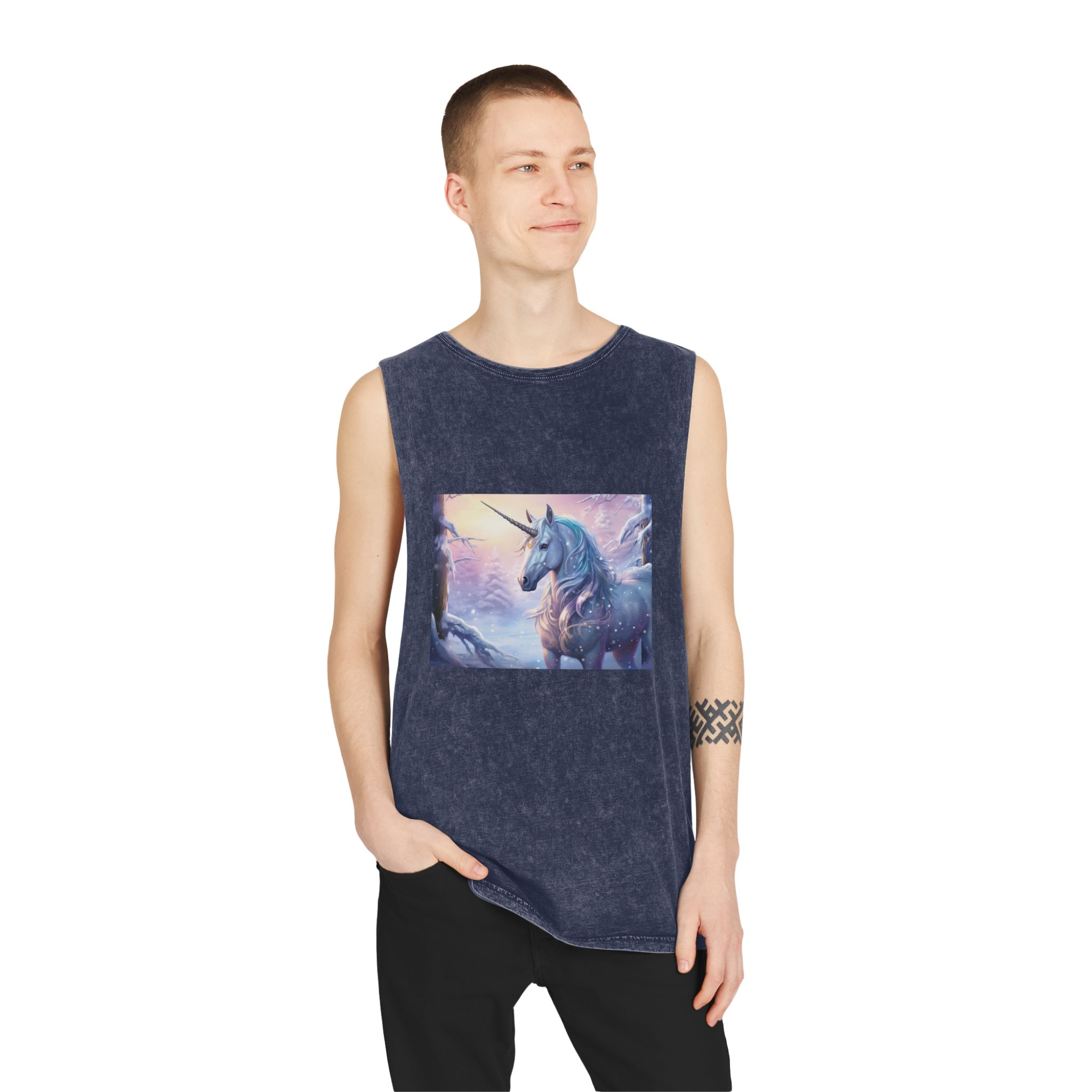 Unicorn Snow With Pink Sky Background Generative Ai Unisex Stonewash Tank Top - Image 15