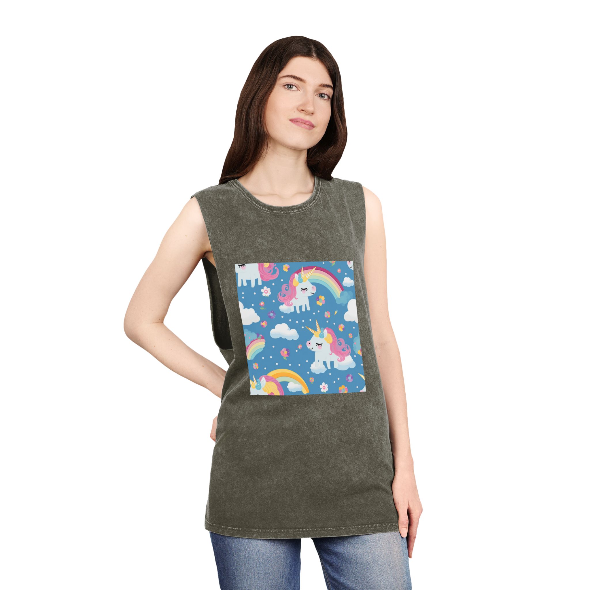 Playful Unicorns Flowers Clouds Rainbows Ice Creams Pastel Background (17) Unisex Stonewash Tank Top - Image 8