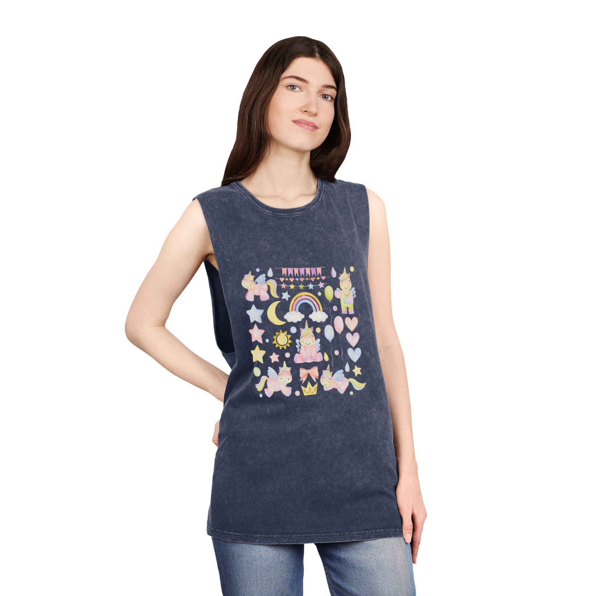 Set Watercolor Illustrations Unicorns Happy Birthday Stickers Unisex Stonewash Tank Top - Image 16