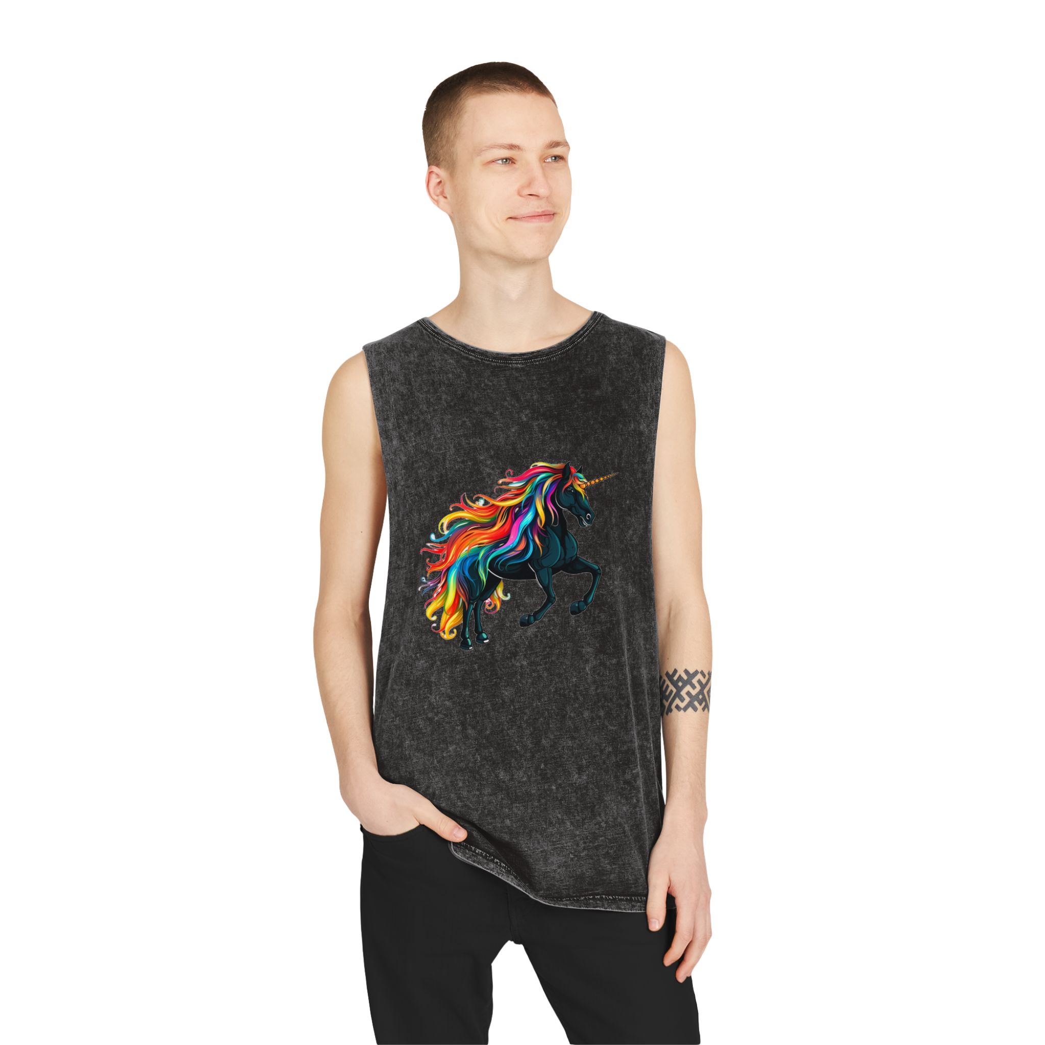 Close Up Black Unicorn With Rainbow Mane Generative Ai Unisex Stonewash Tank Top - Image 3
