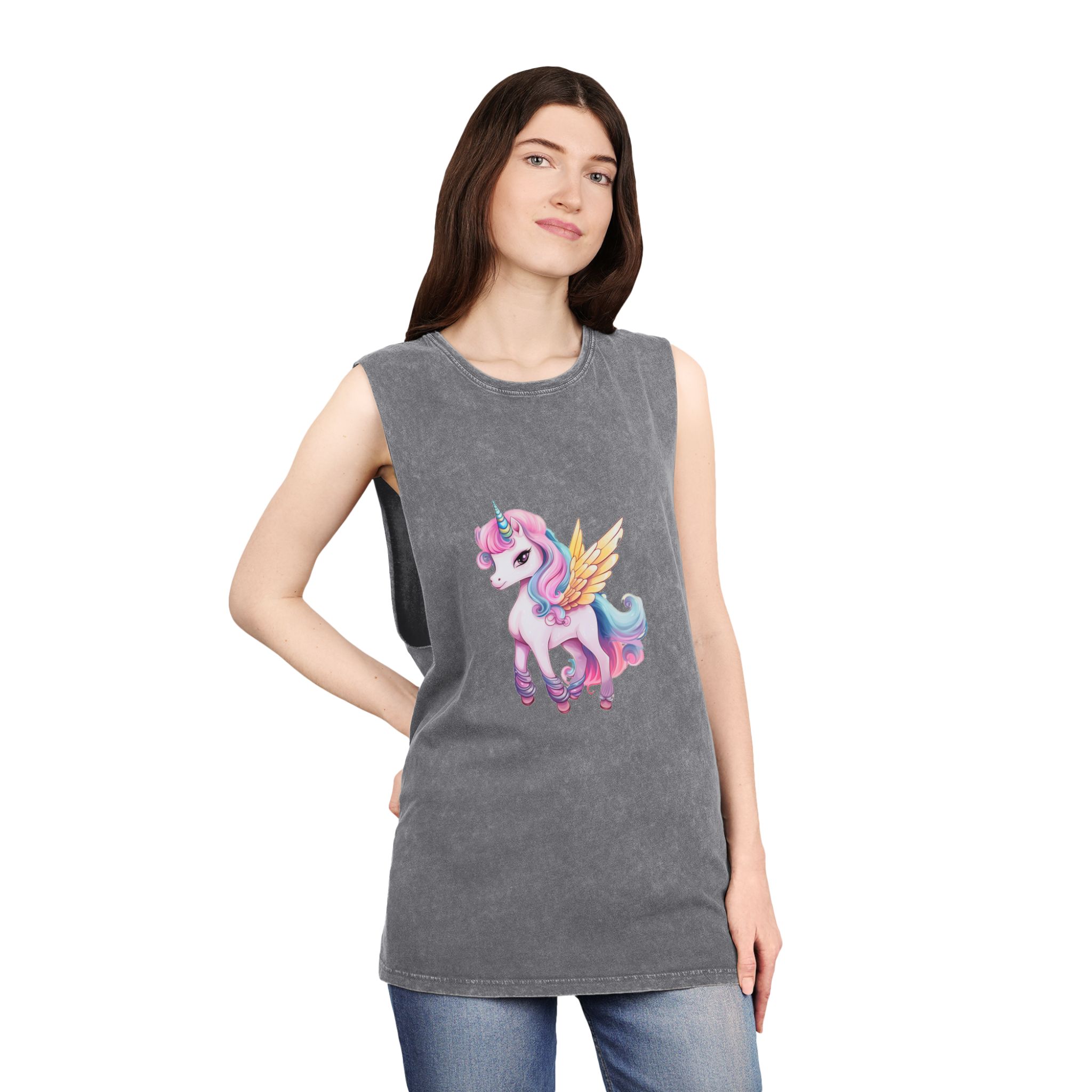 There Is Cartoon Unicorn With Pink Mane Blue Tail Generative Ai Unisex Stonewash Tank Top - Image 12