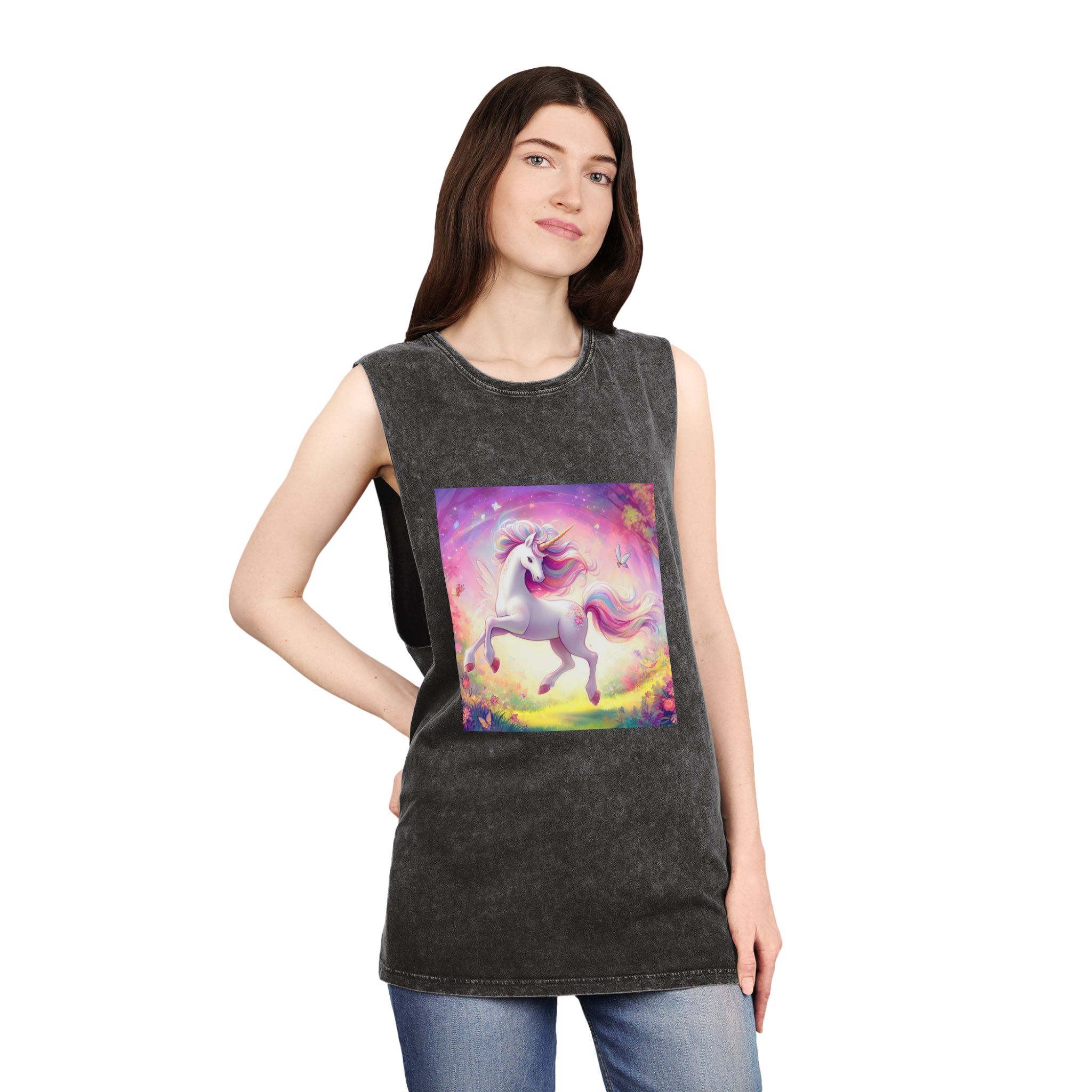 Beautiful Unicorn Running Magical Meadow Unicorn Background Images Whimsical Unicorn (44) Unisex Stonewash Tank Top - Image 4