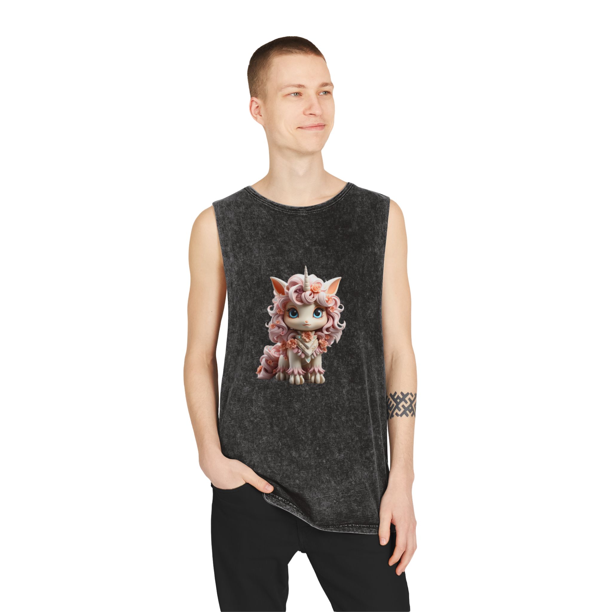 There Is Small Toy Unicorn With Pink Hair Generative Ai Unisex Stonewash Tank Top - Image 3