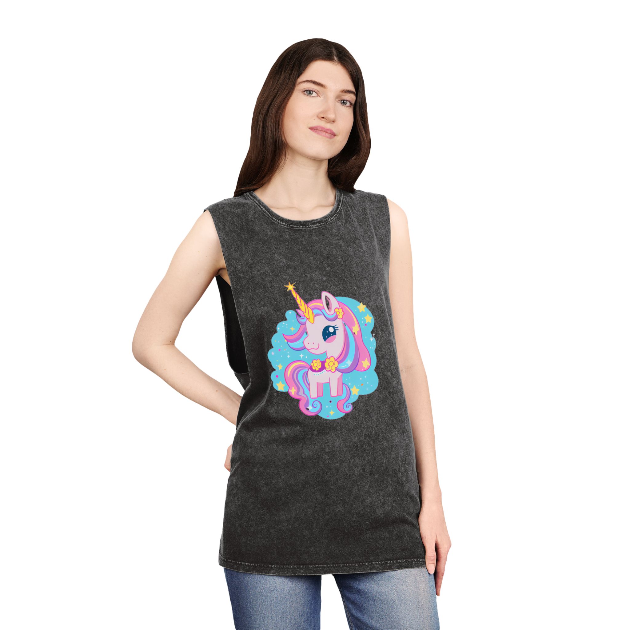There Is Cartoon Unicorn With Bow Tie Stars Generative Ai Unisex Stonewash Tank Top - Image 4