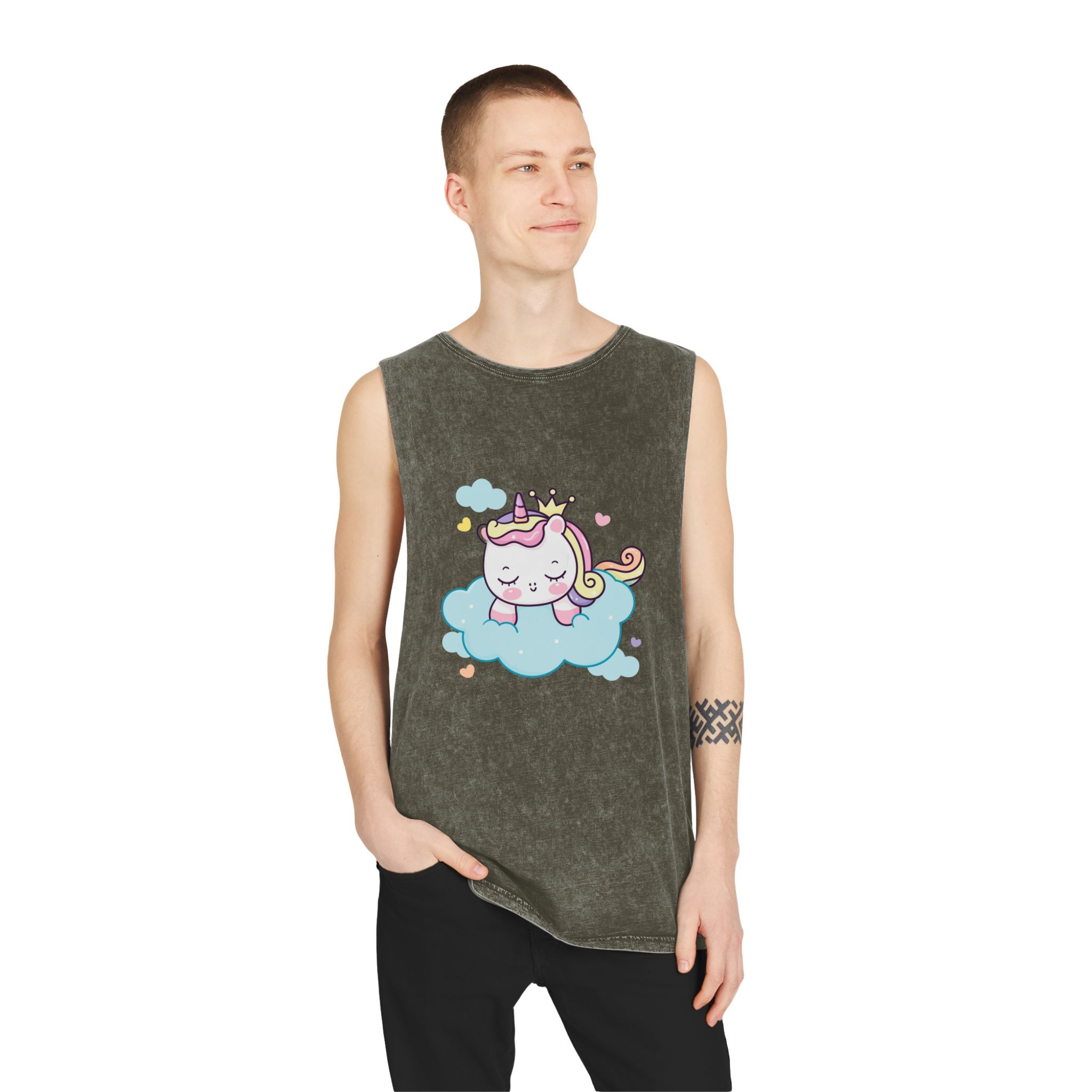 Cute Unicorn Princess Cartoon Sleep Cloud Kawaii Clipart Unisex Stonewash Tank Top - Image 7