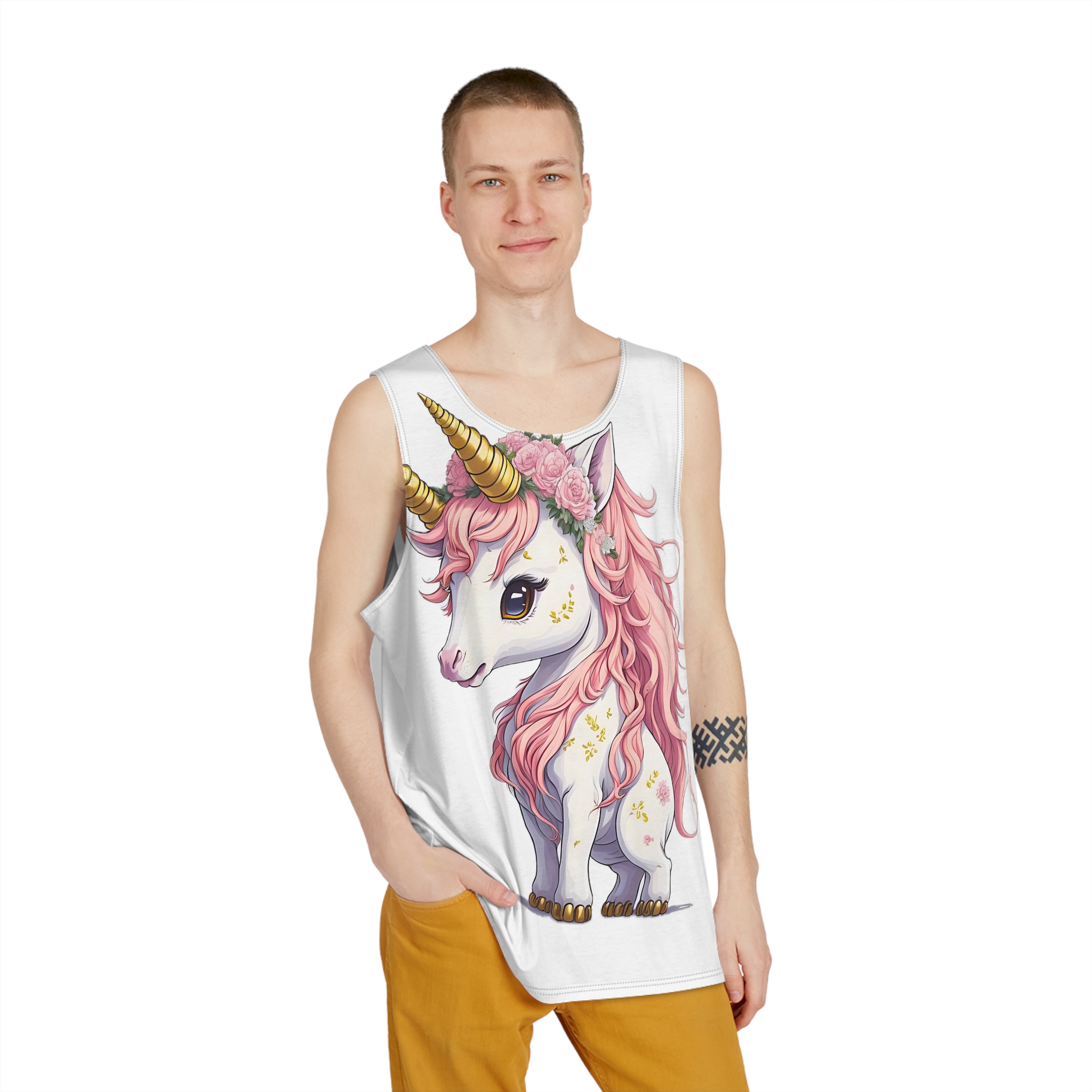 Pink Baby Unicorn Cartoon With Gold Horn Generative Ai (1) Mens Tank Aop - Image 3