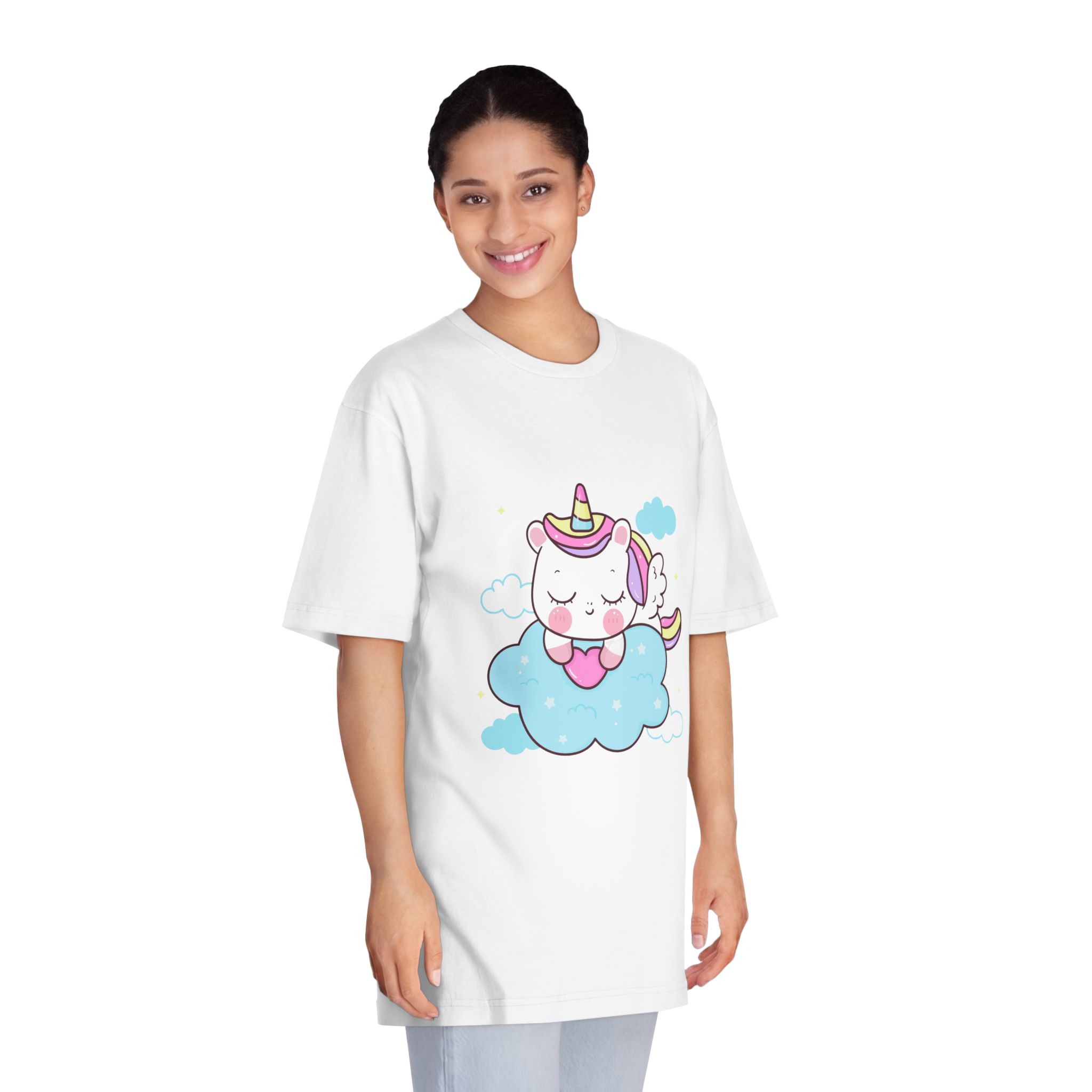 Cute Unicorn Pegasus Cartoon Sleep Holding Heart Cloud Kawaii Animal Unisex Classic Crewneck T Shirt - Image 3