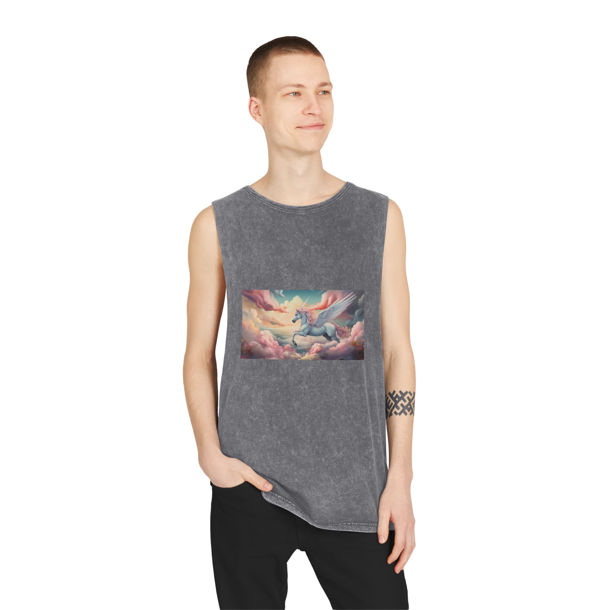 Painting White Unicorn With Pink Mane Wings Flying Through Sky Generative Ai Unisex Stonewash Tank Top - Image 11