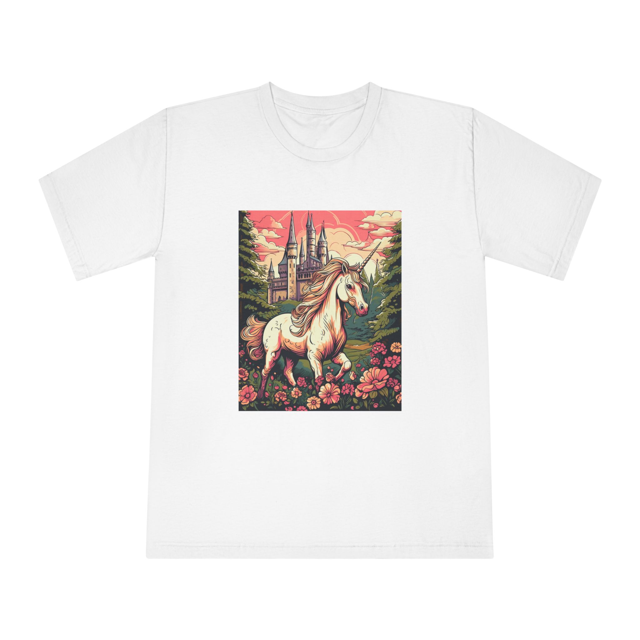 Unicorn Front Castle With Flowers Trees Generative Ai Unisex Classic Crewneck T Shirt