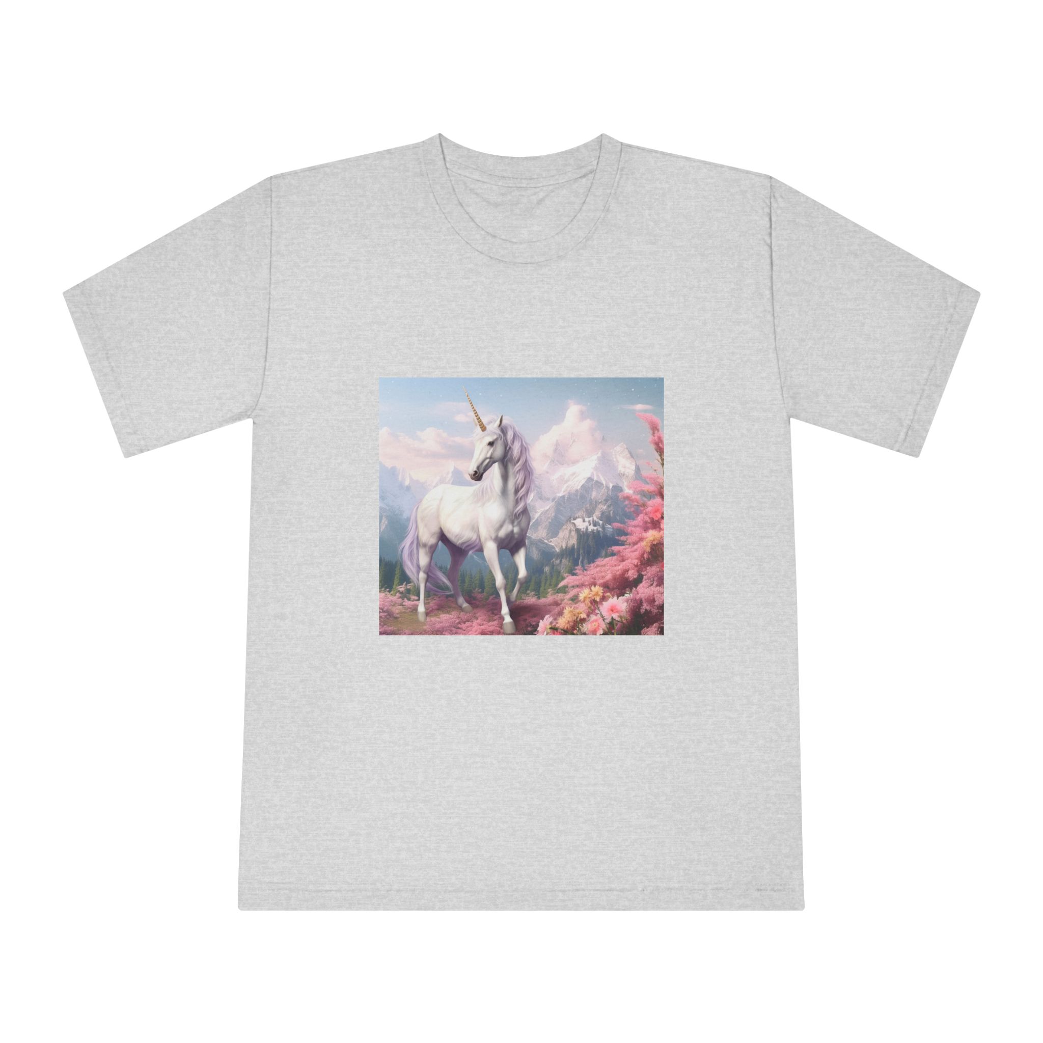 Unicorn Standing Field Flowers With Mountains Background Generative Ai Unisex Classic Crewneck T Shirt - Image 13