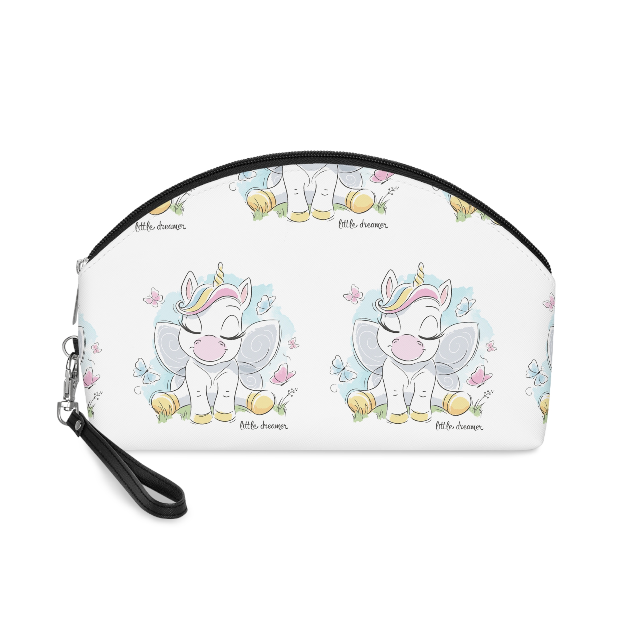 Cute Unicorn Fashion Illustration Drawing In Modern Style For Clothes Little Dreamer Text Makeup Bag