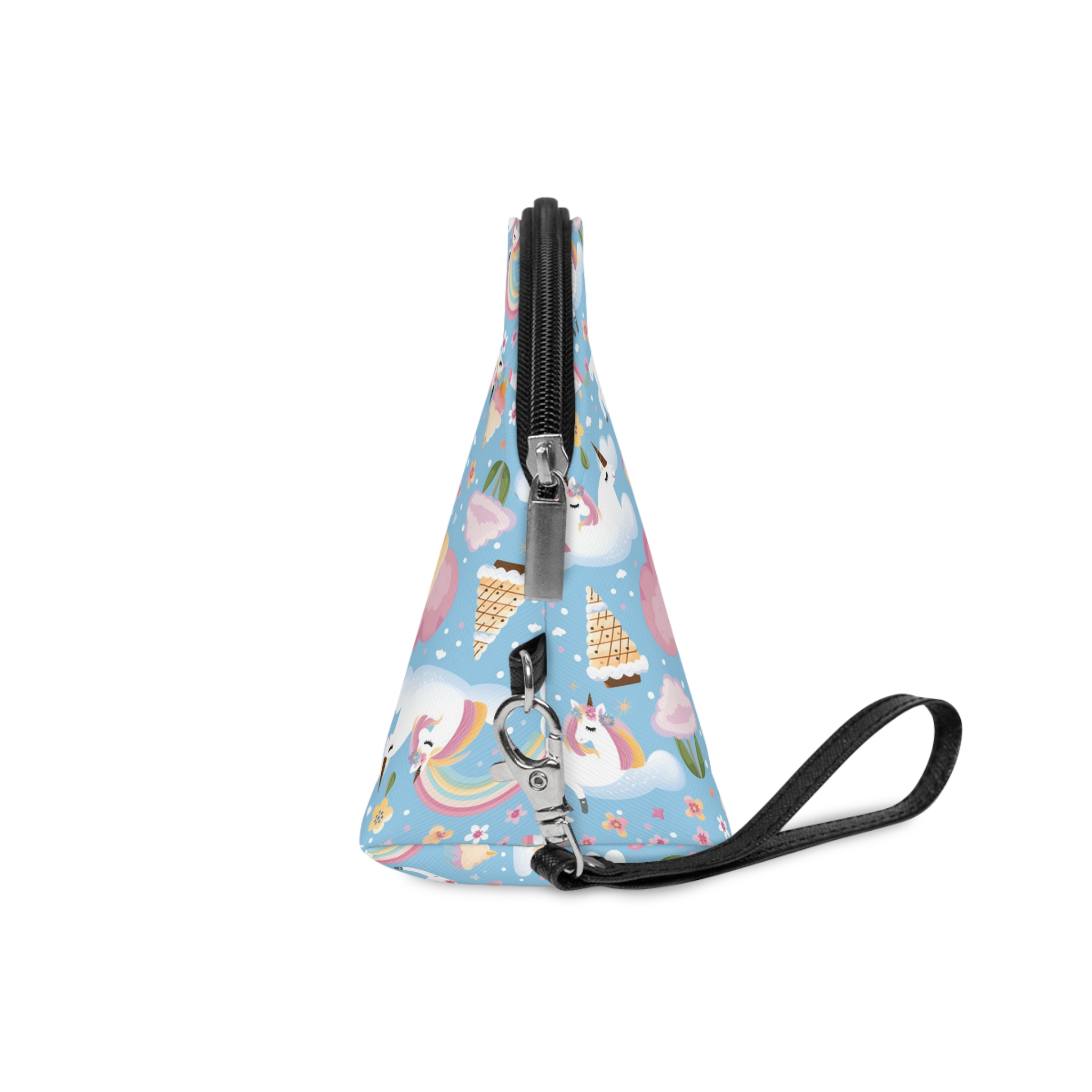 Playful Unicorns Flowers Clouds Rainbows Ice Creams Pastel Background (4) Makeup Bag - Image 3