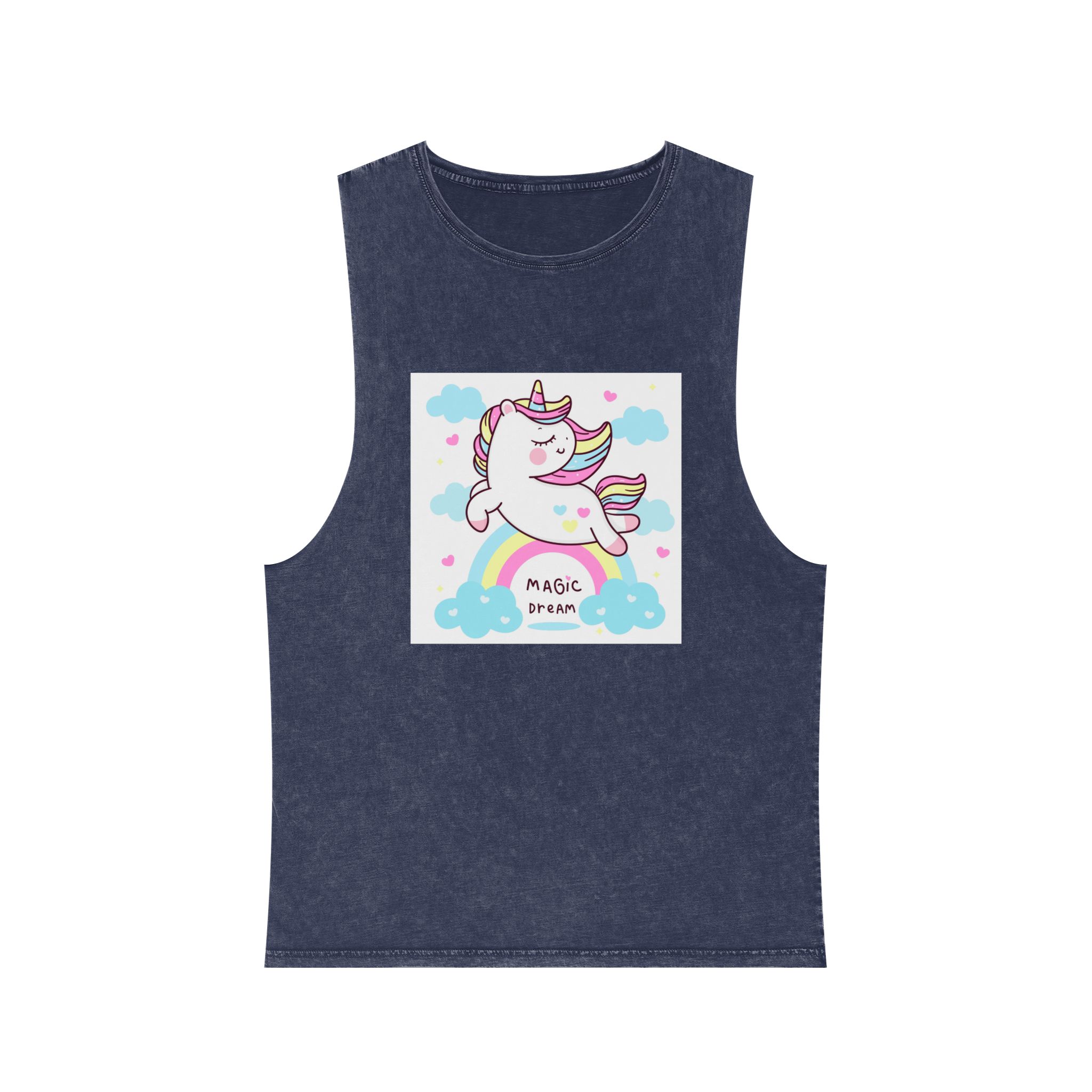 Cute Unicorn Pegasus Vector Fly On Sky With Rainbow Sweet Heart and Cloud Pony Cartoon Pastel Background Valentines Day Unisex Stonewash Tank Top - Image 13