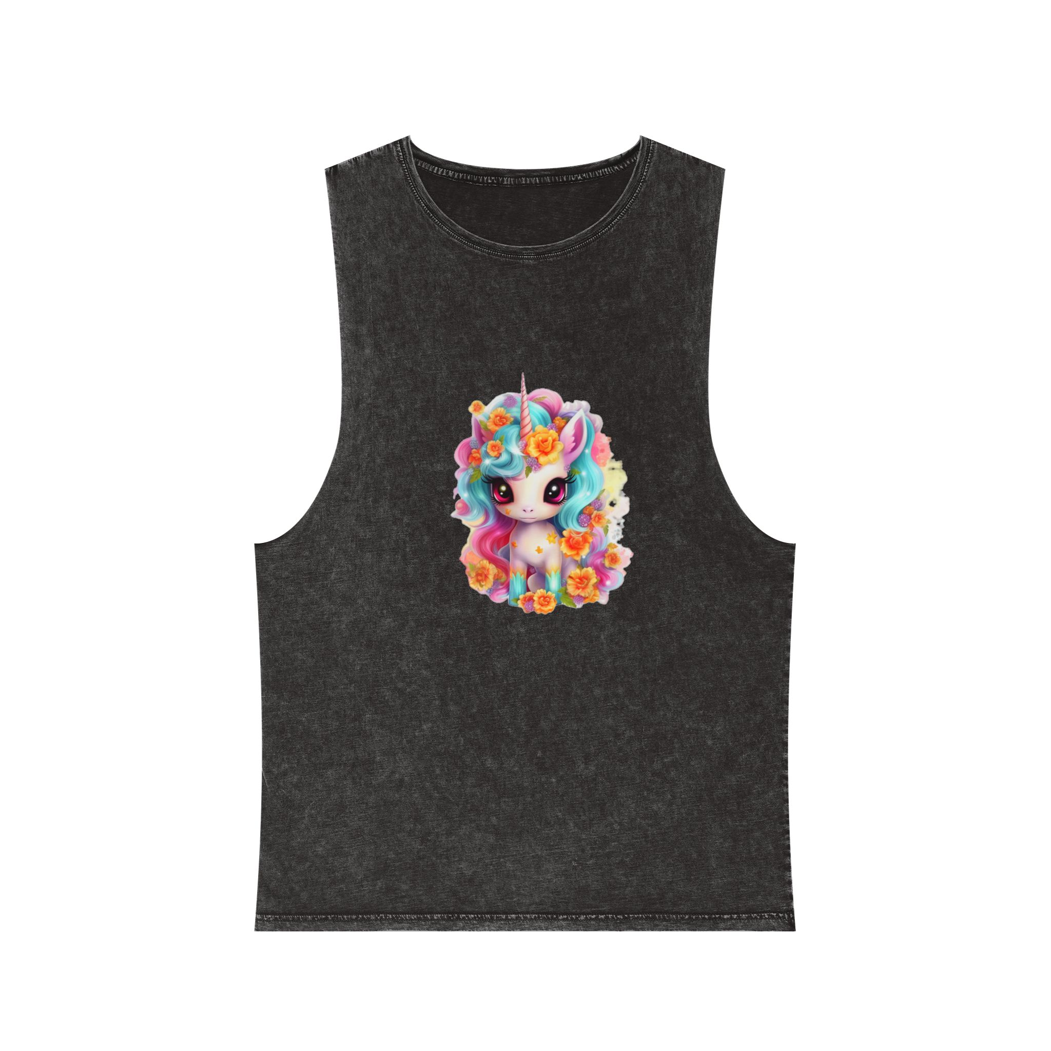 Illustration Unicorn Cartoon With Flower White Background Generative Ai (2) Unisex Stonewash Tank Top